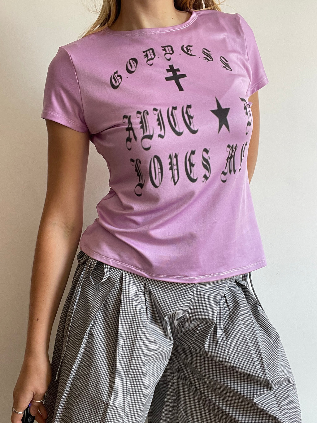 handmade purple graphic print punk slogan baby tee