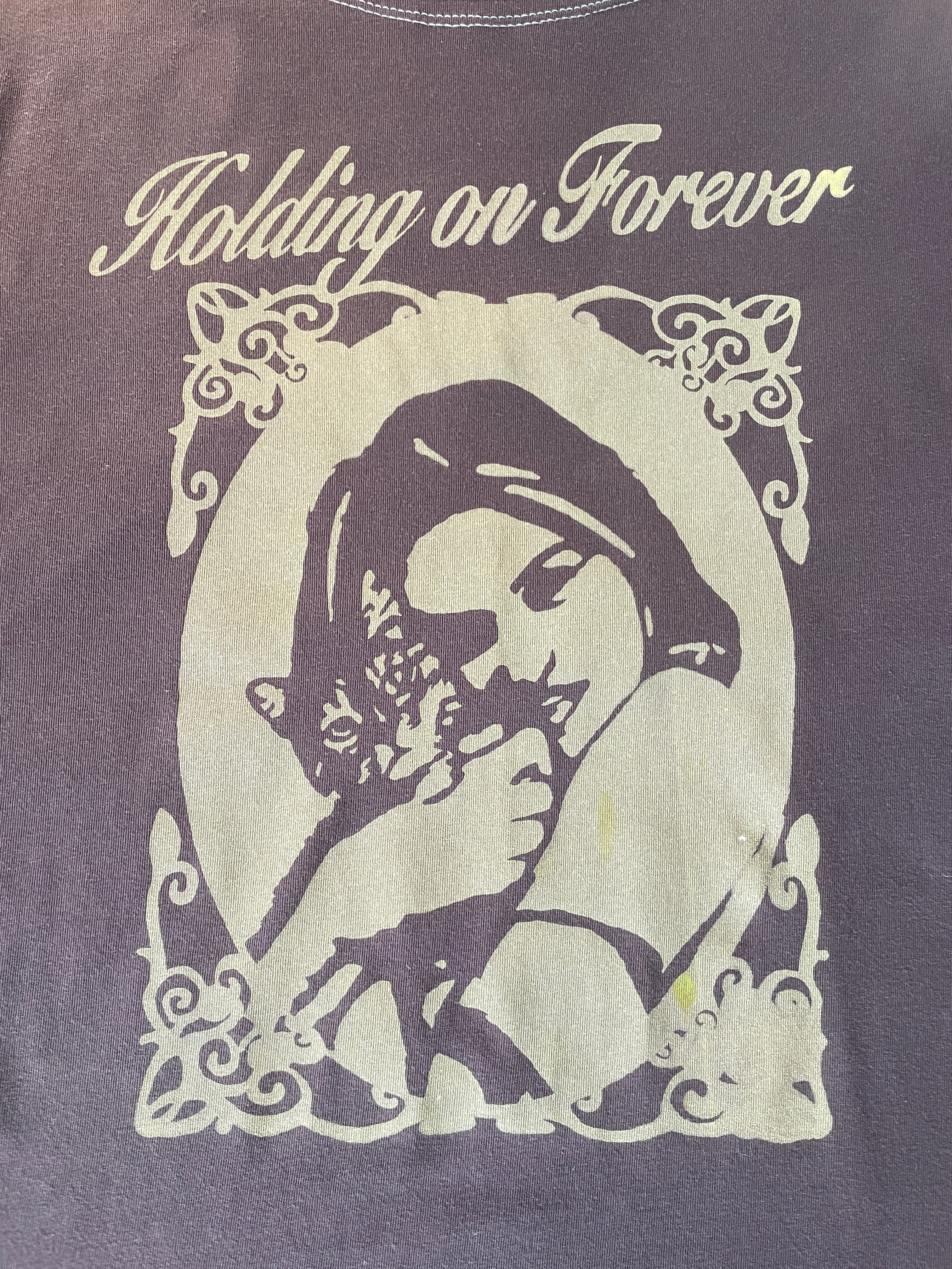 handmade brown and gold holding on forever baby tee