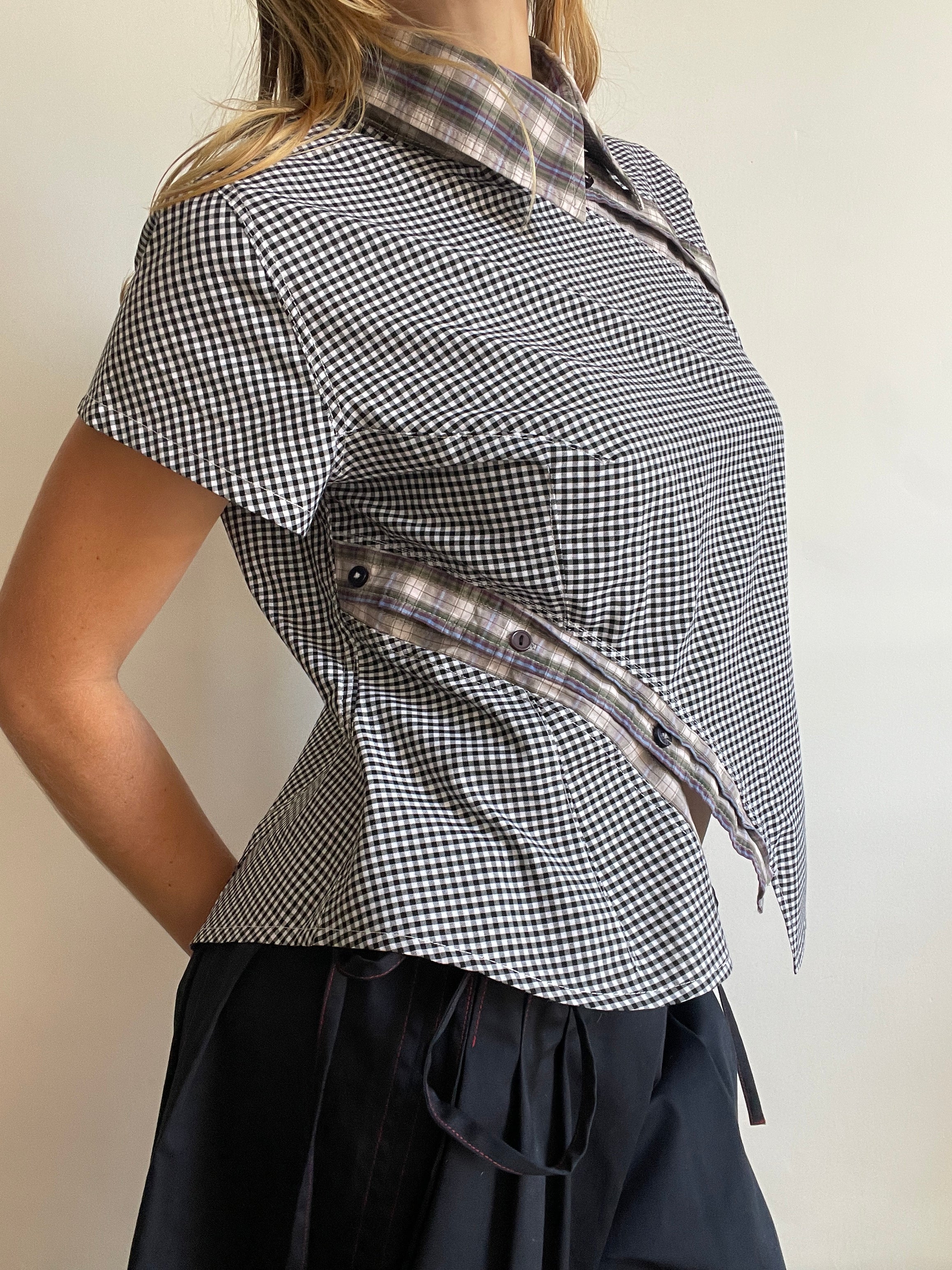 reworked double button up asymetrical fitted shirt