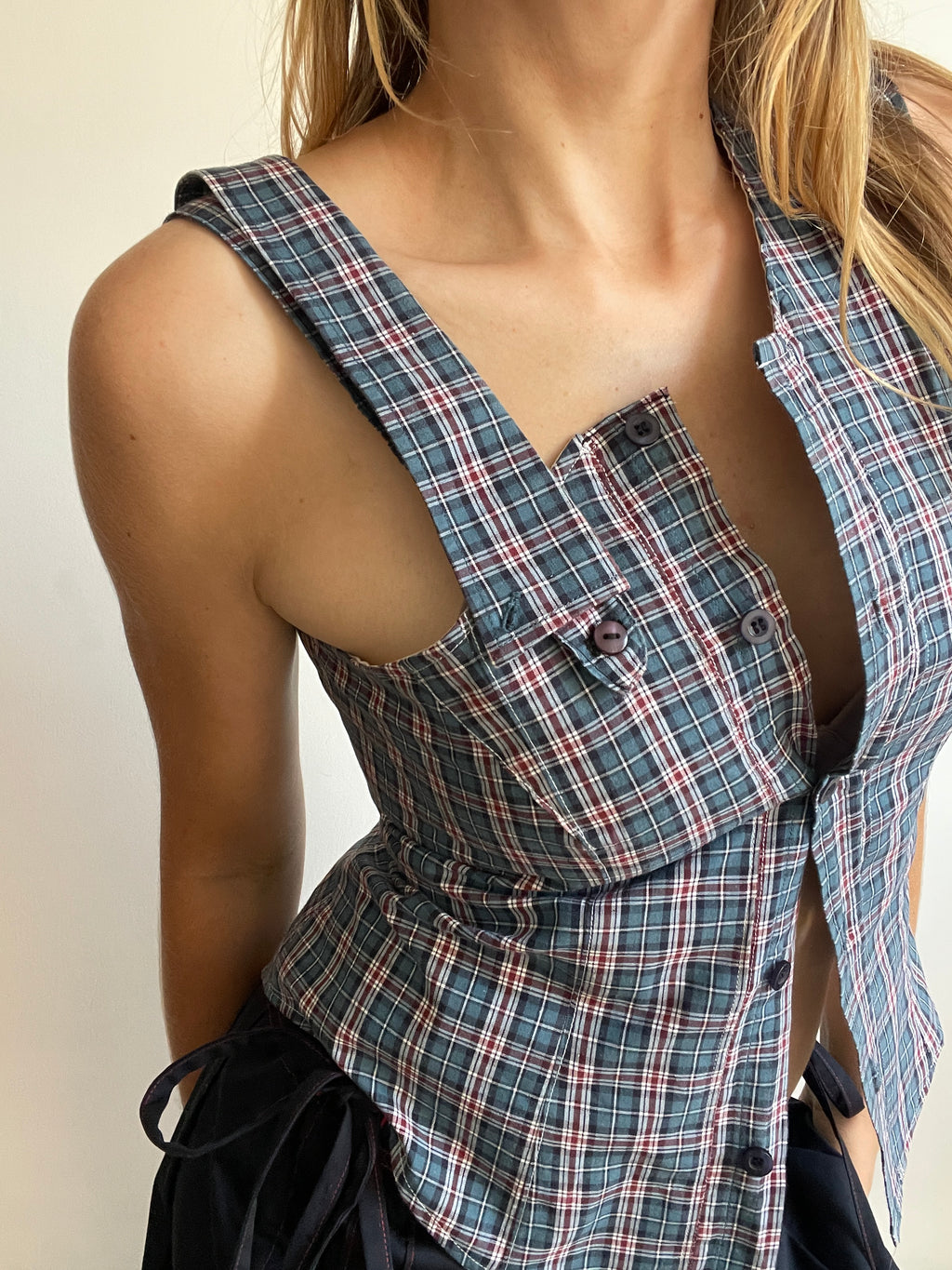 reworked one shoulder check button up tank with removable collar strap