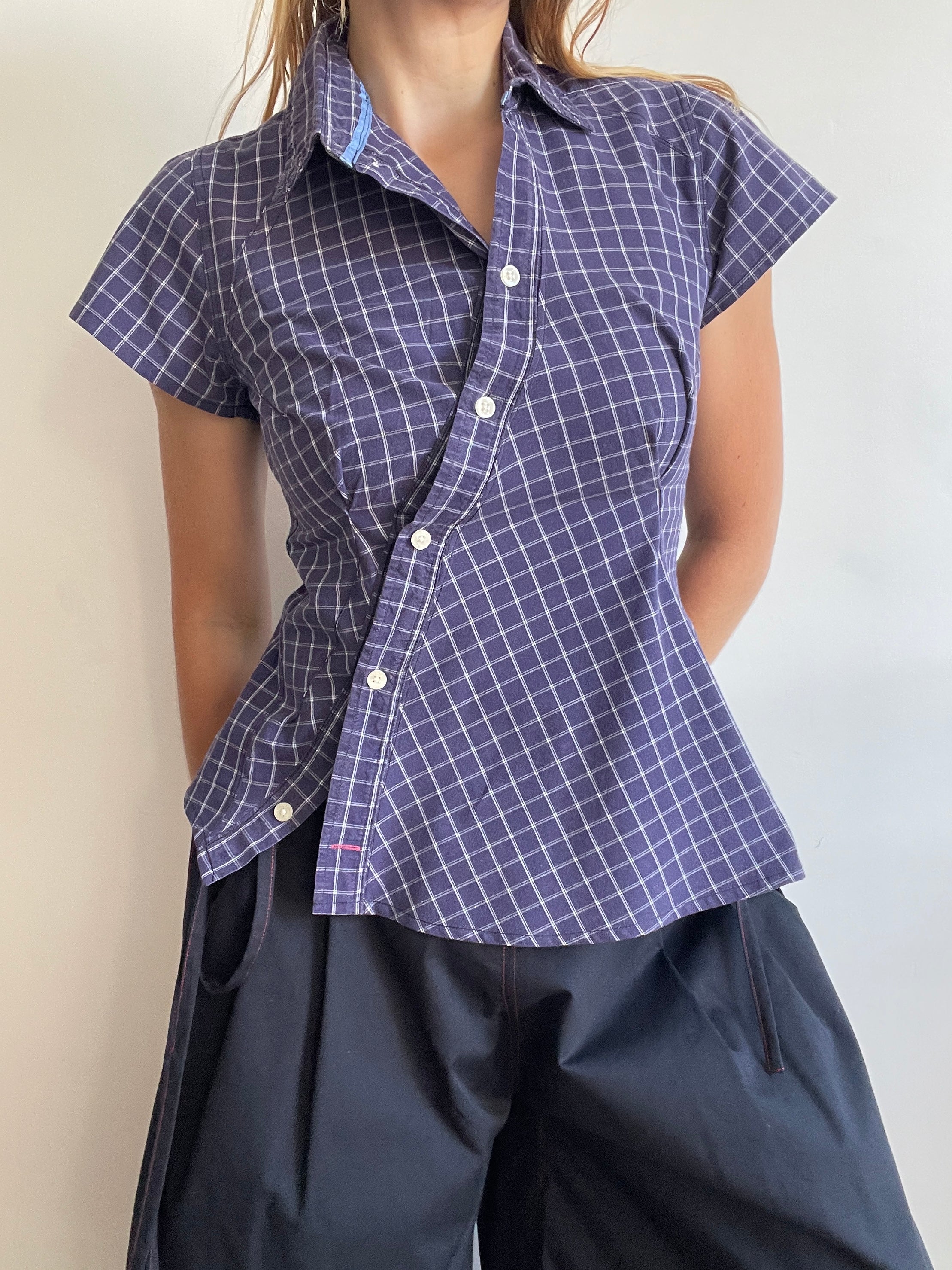 reworked blue grid check fitted blouse