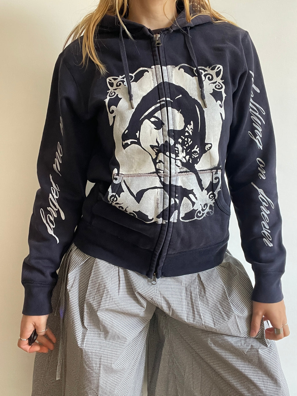 screen printed navy cat girl double zip slim fit hoodie