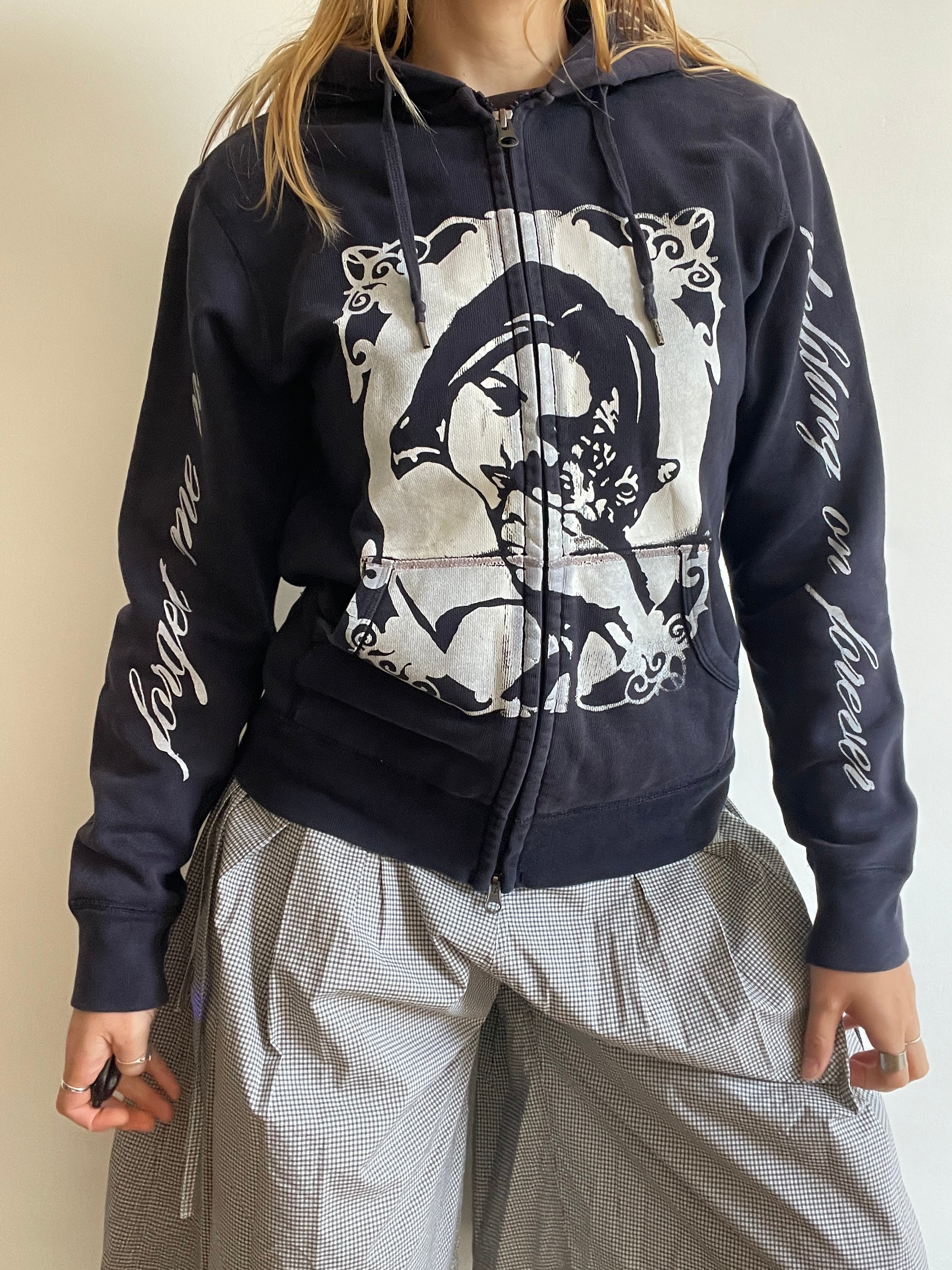 screen printed navy cat girl double zip slim fit hoodie