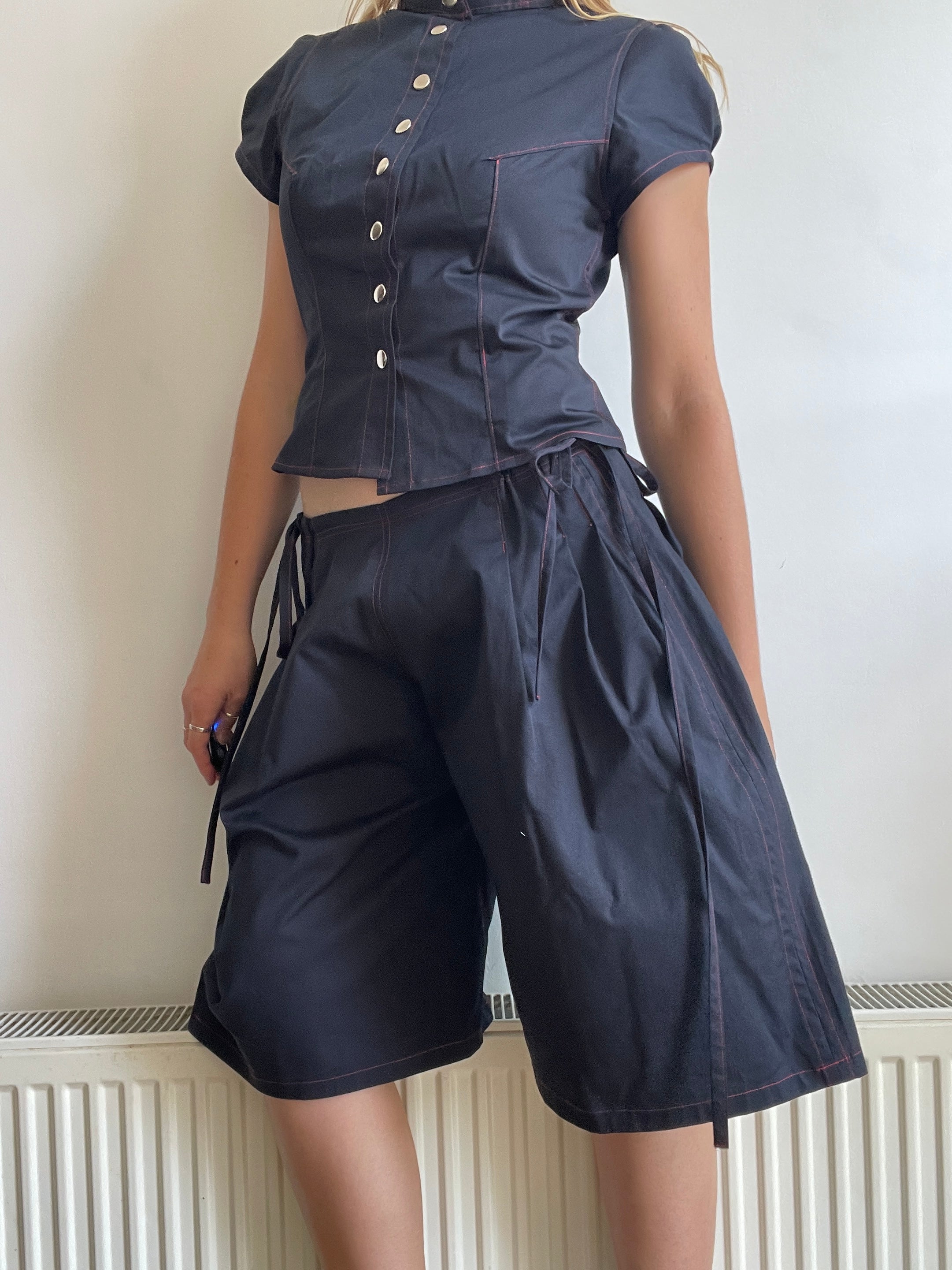 handmade matching set navy stretch baggy shorts and shirt