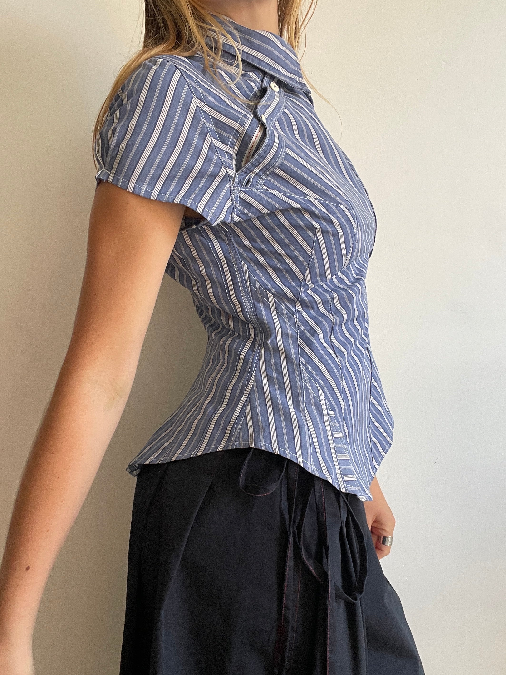 reworked striped double button up asymetrical fitted shirt