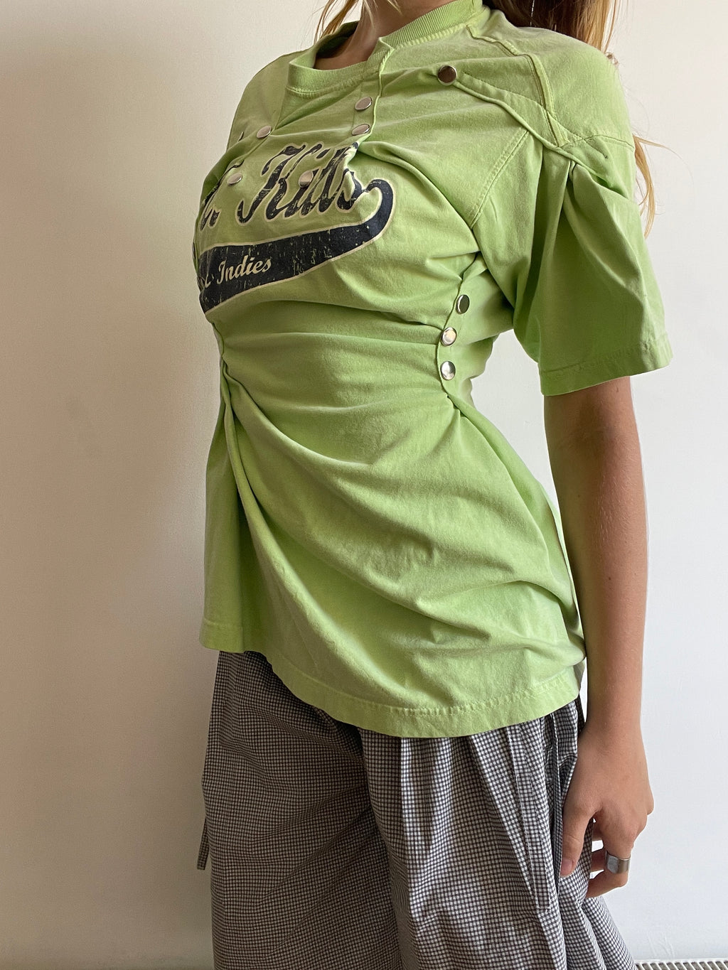 reworked gathered graphic tee with stud details