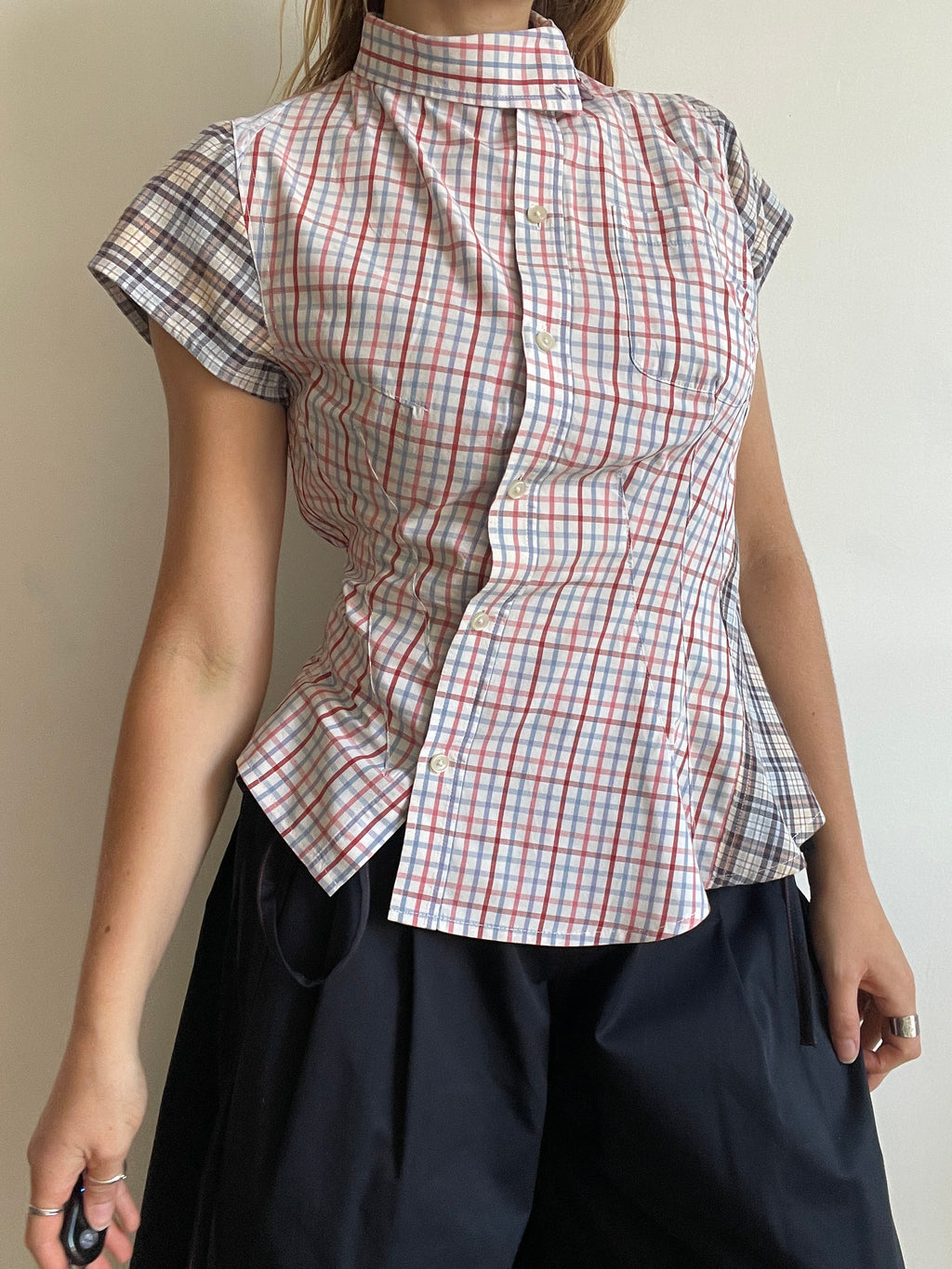 reworked patchwork check print fitted asymmetrical blouse