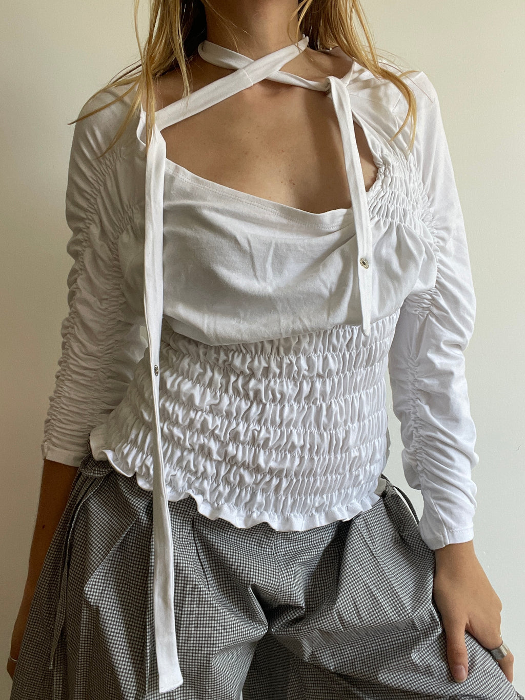 handmade ruched bubble off the shoulder top with neck tie