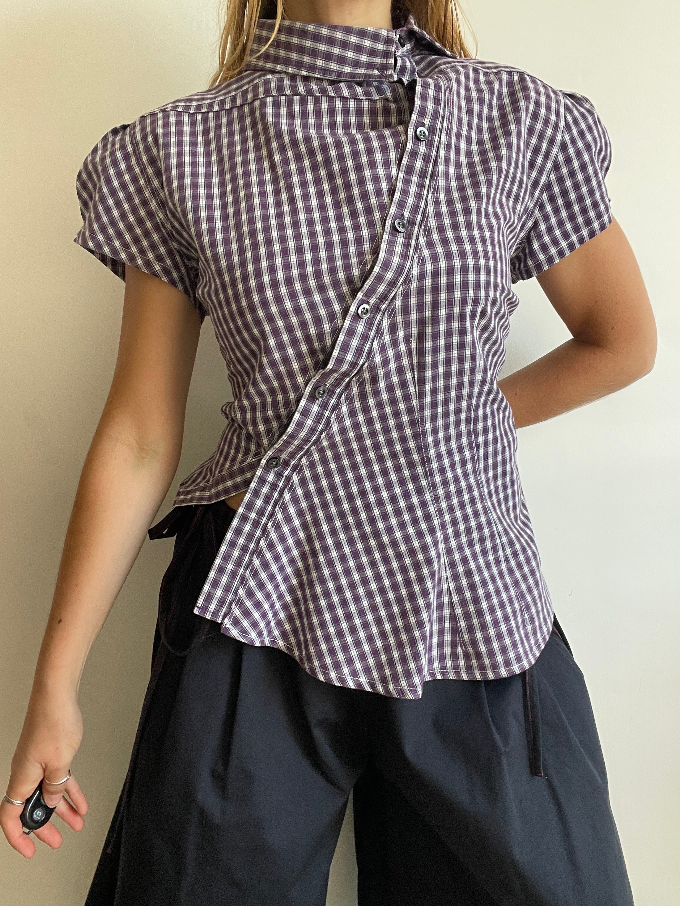 reworked asymetrical purple check shirt