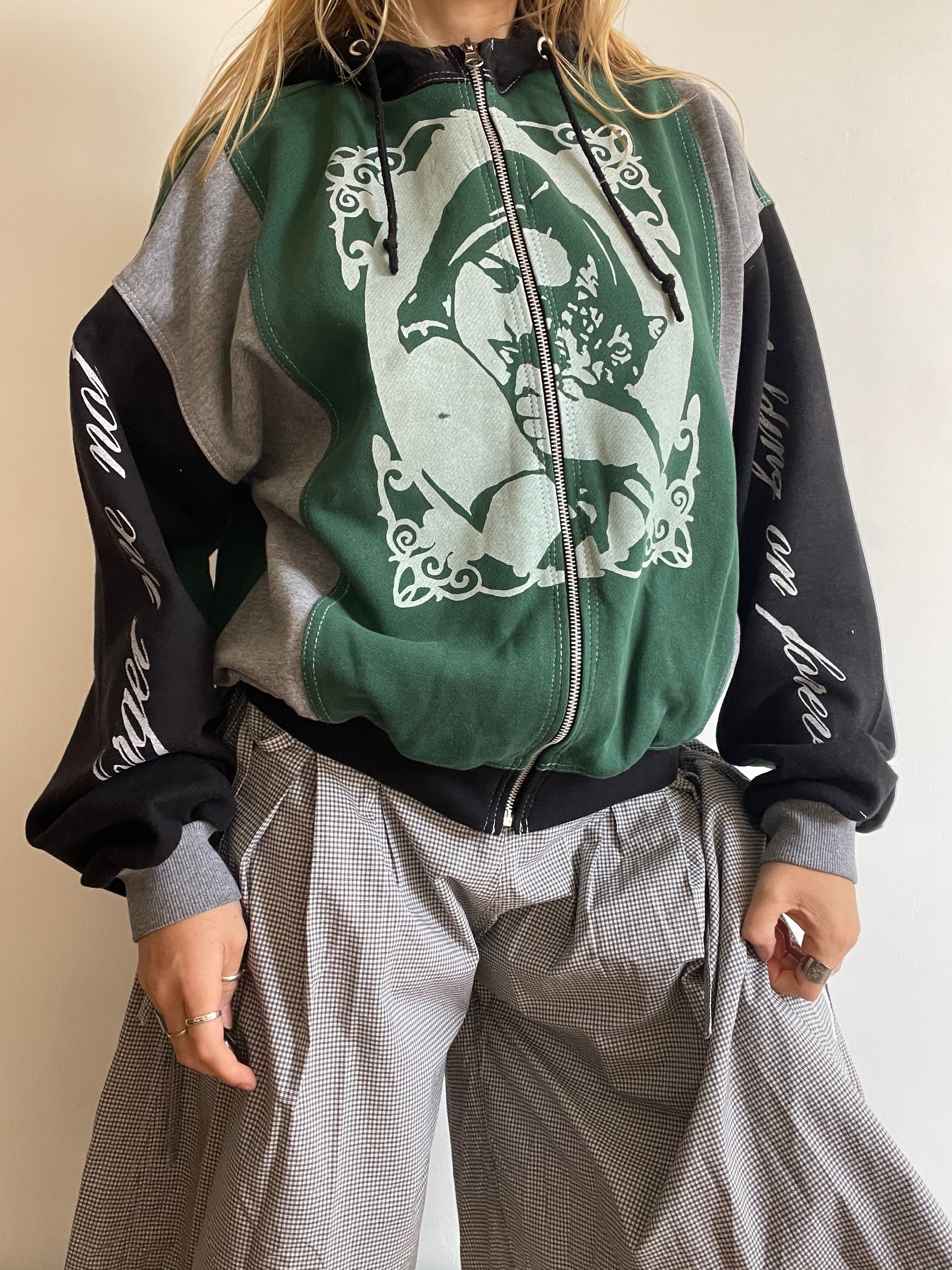 screen printed panelled cat girl zip up hoodie