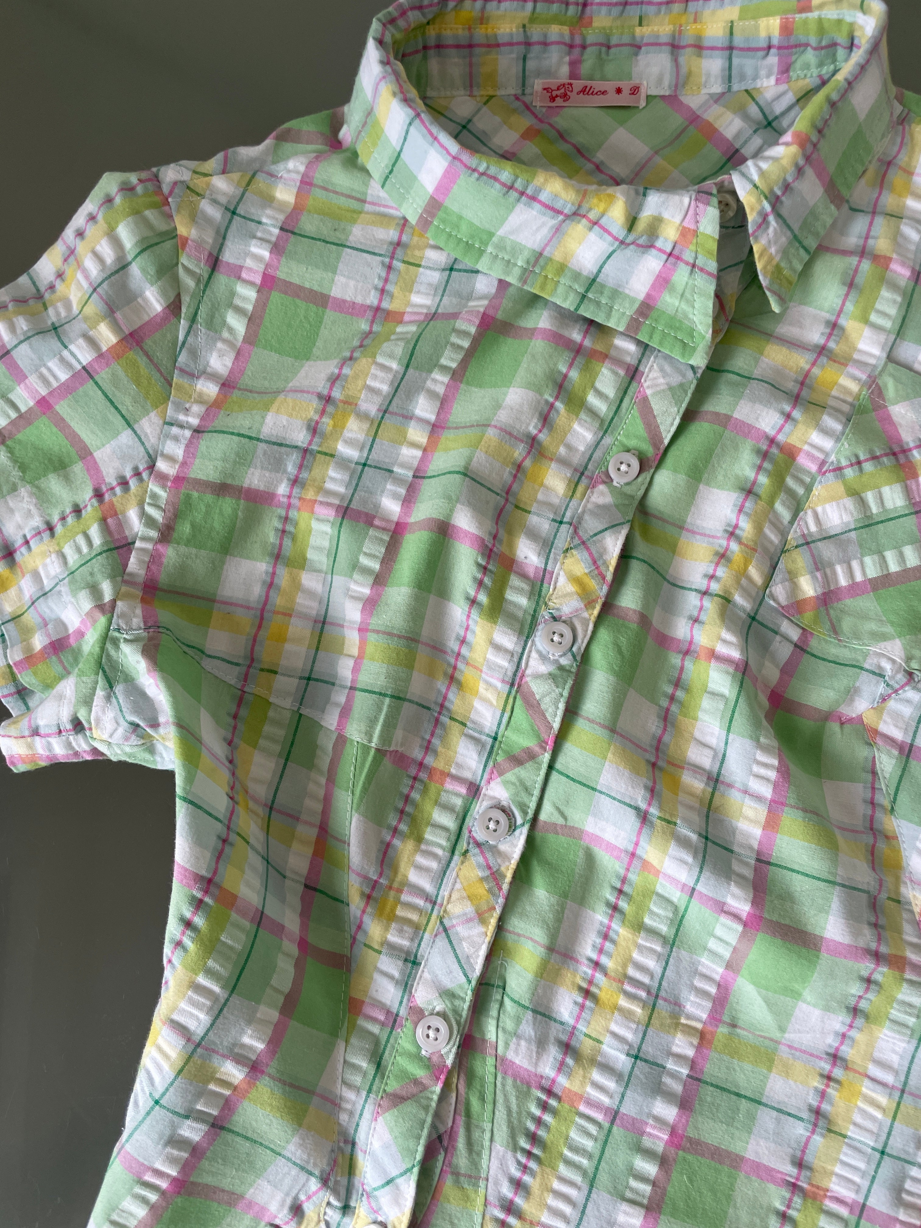 reworked seersucker tartan green pink fitted asymetrical shirt