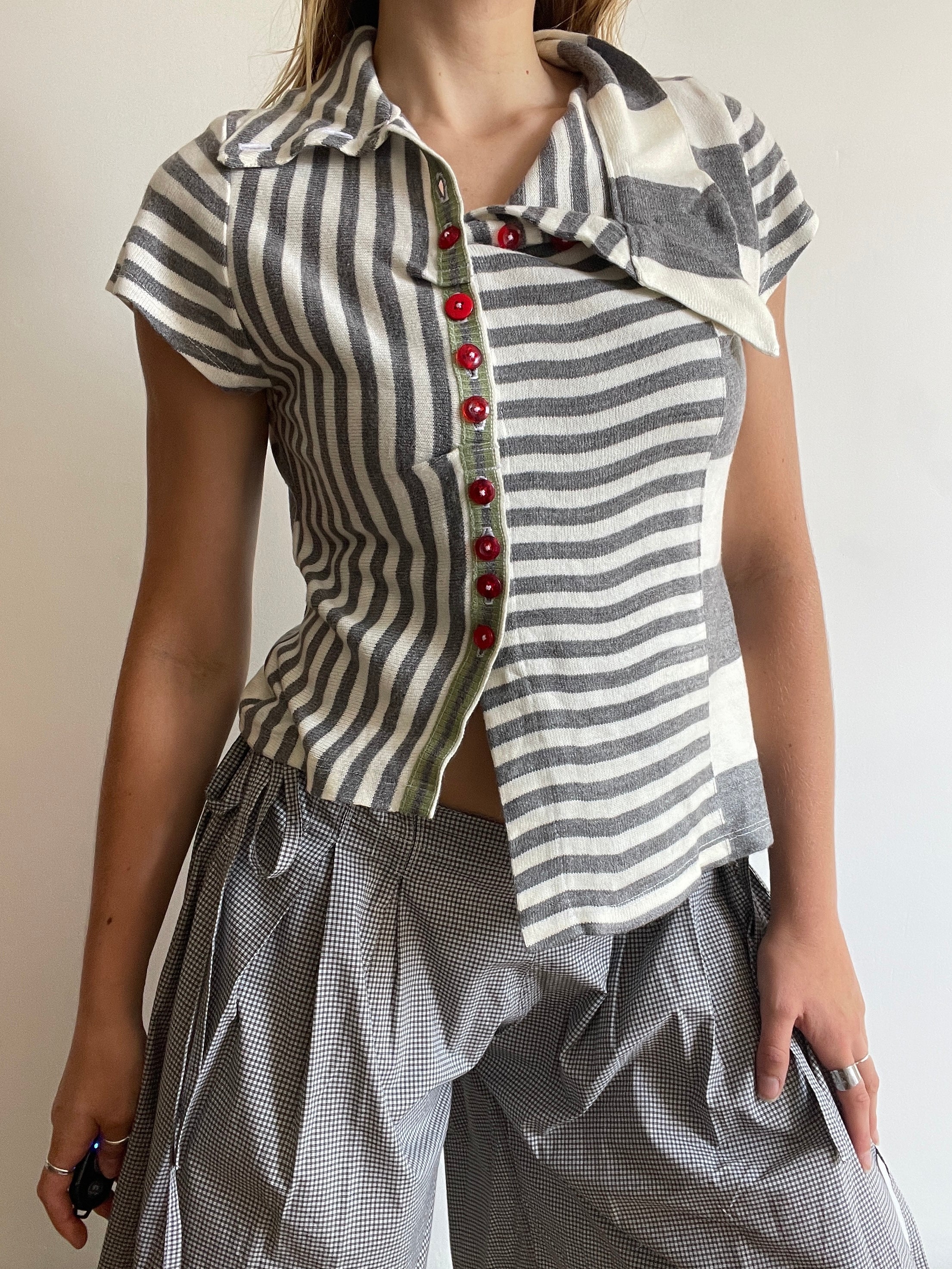 handmade contrast stripe red button up short sleeve cardigan