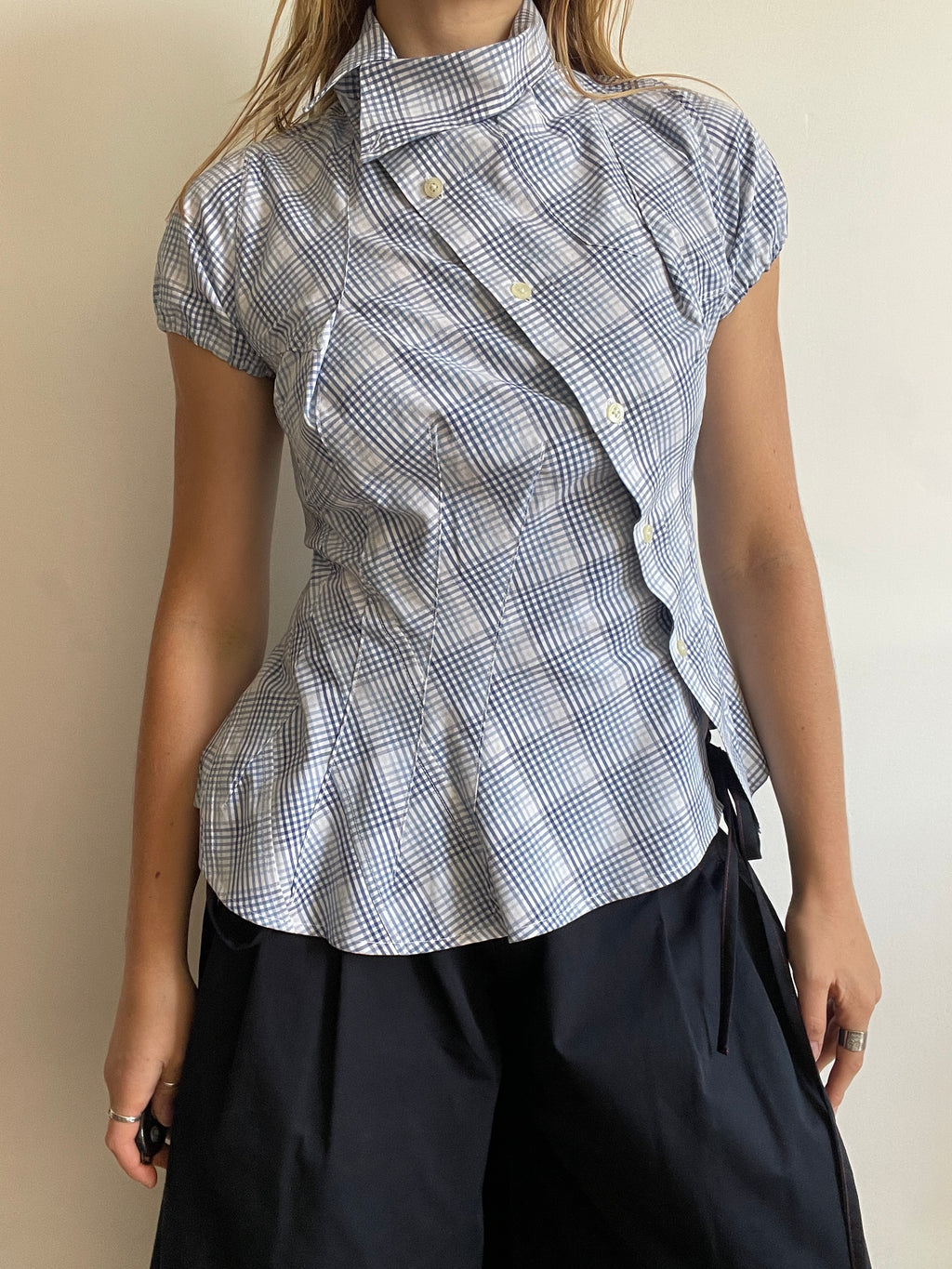 reworked blue check puff sleeve asymetrical shirt