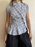reworked blue check puff sleeve asymetrical shirt