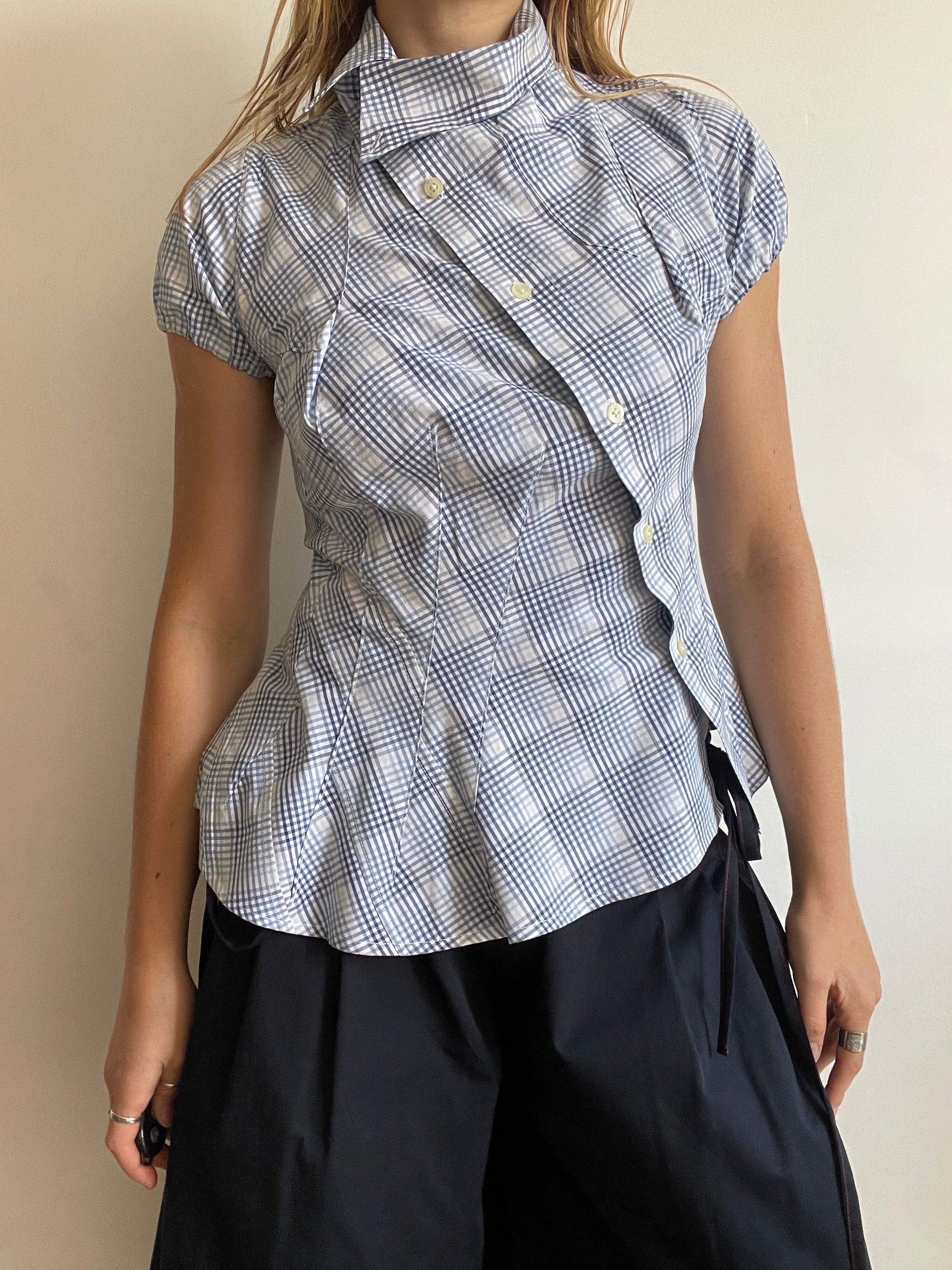 reworked blue check puff sleeve asymetrical shirt