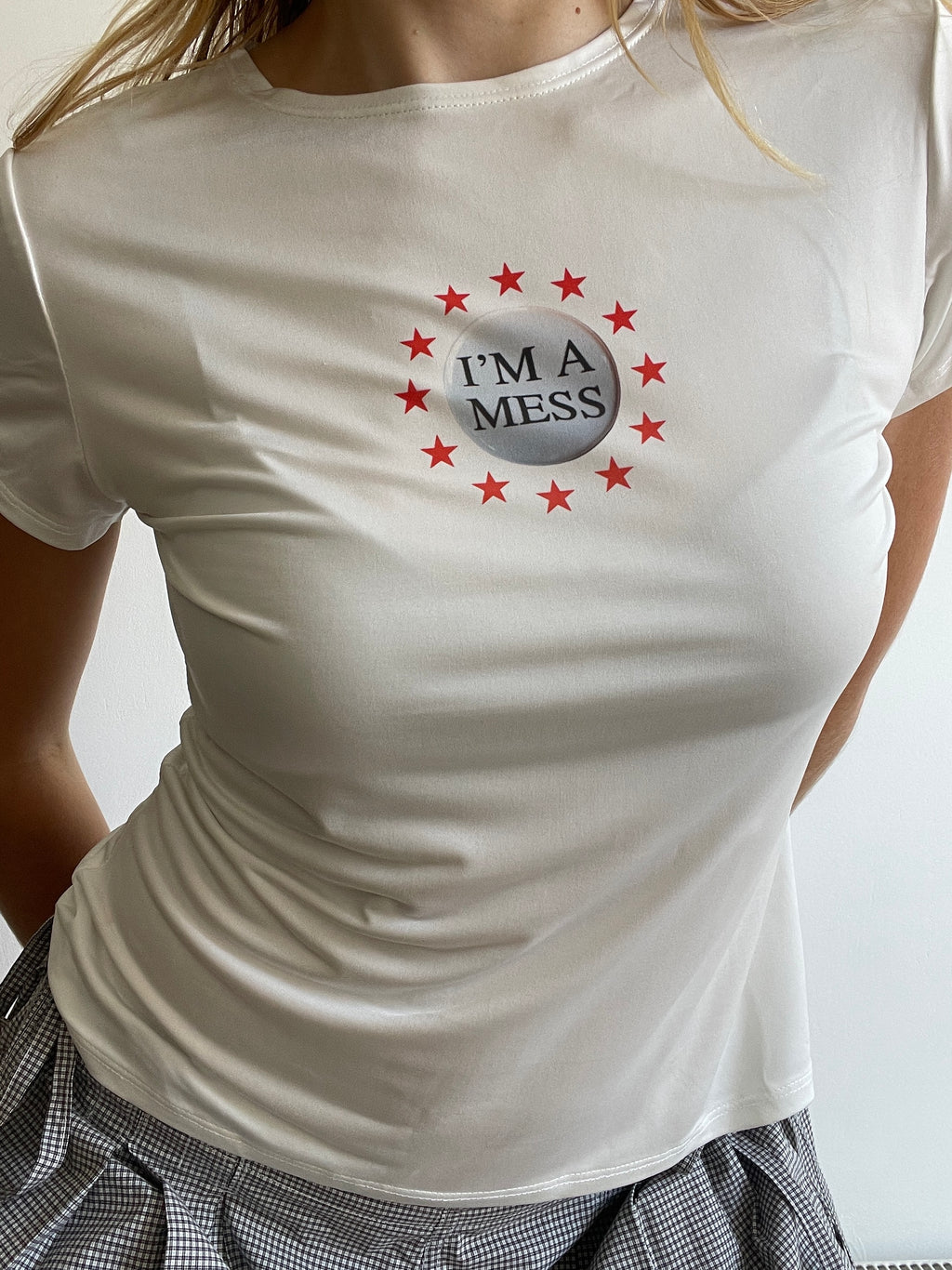 handmade slinky witty badge slogan mess baby tee