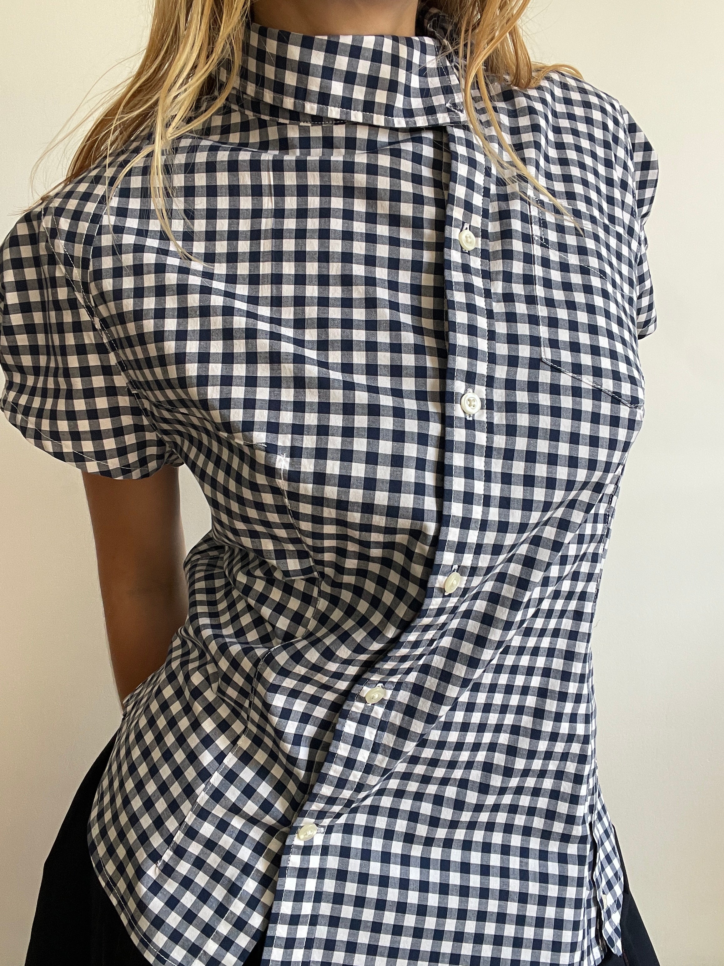 reworked asymetrical blue gingham fitted shirt