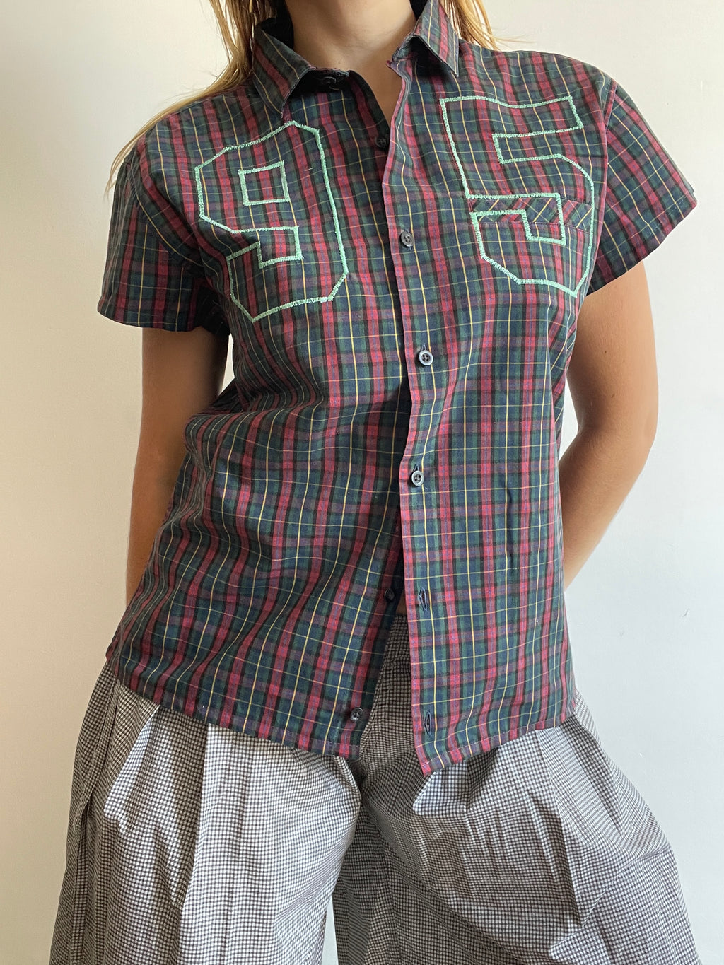 reworked sports number embroidered tartan shirt