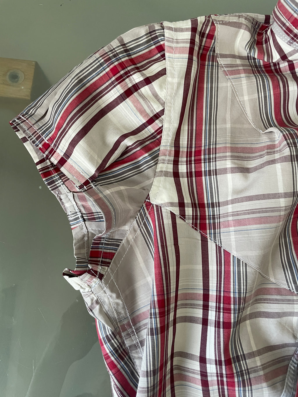 reworked asymetrical red beige checkered shirt