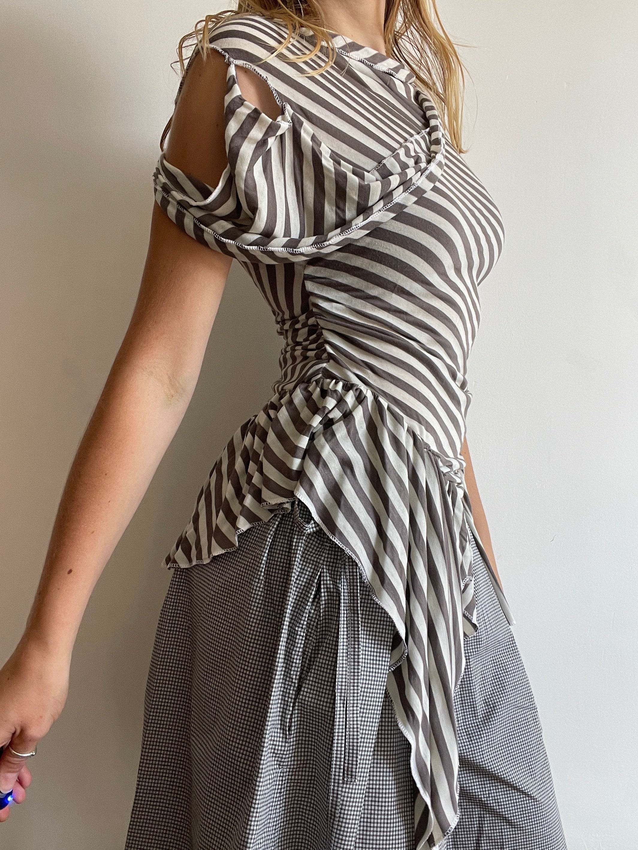 handmade asymmetrical pixie striped off the shoulder long fitted tunic top