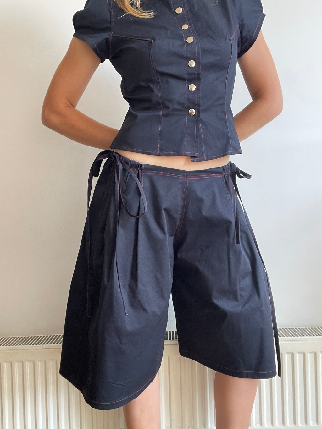 handmade matching set navy stretch baggy shorts and shirt