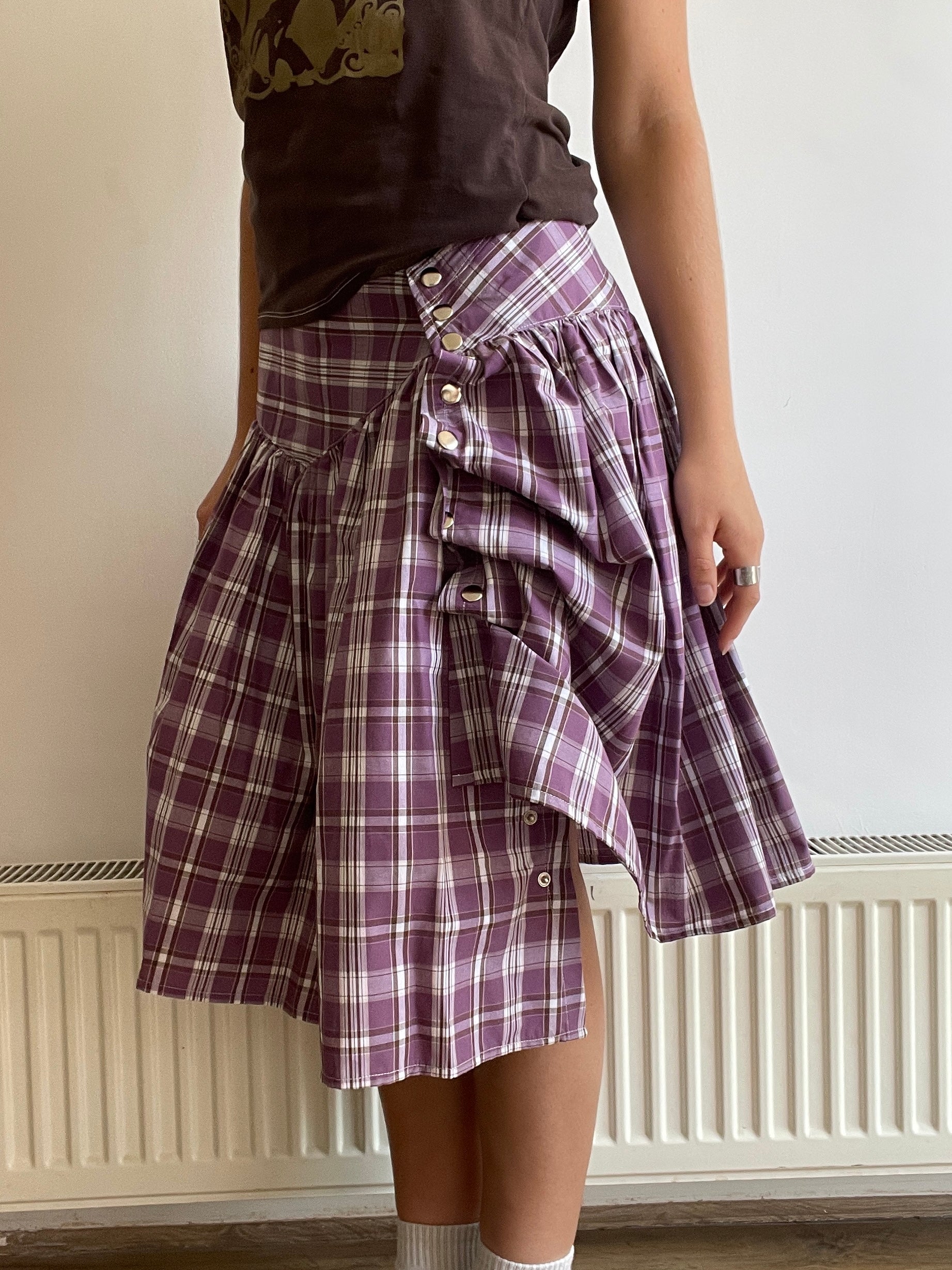 handmade metal popper button purple plaid gathered skirt