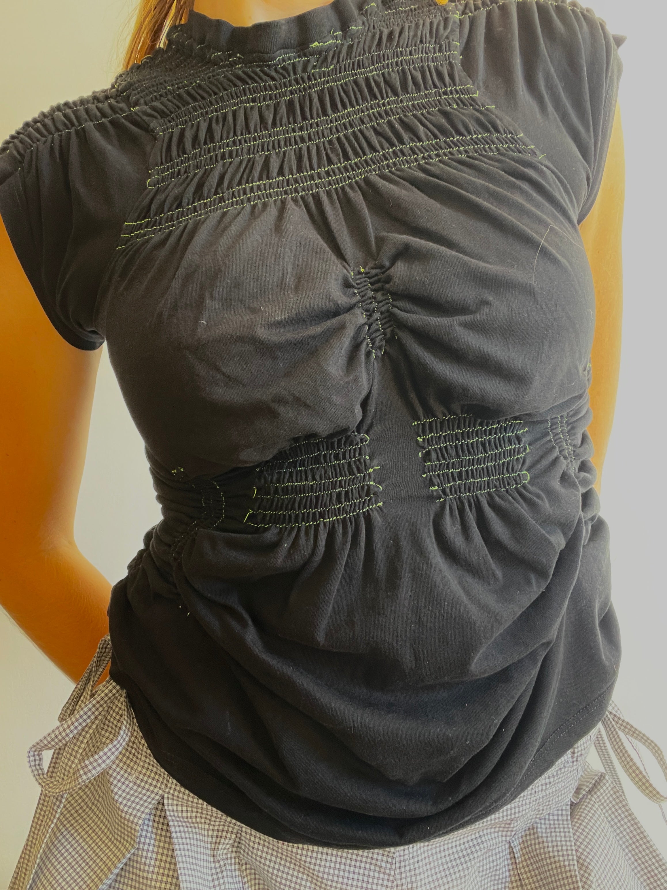 reworked black contrast stitch ruched slinky t shirt