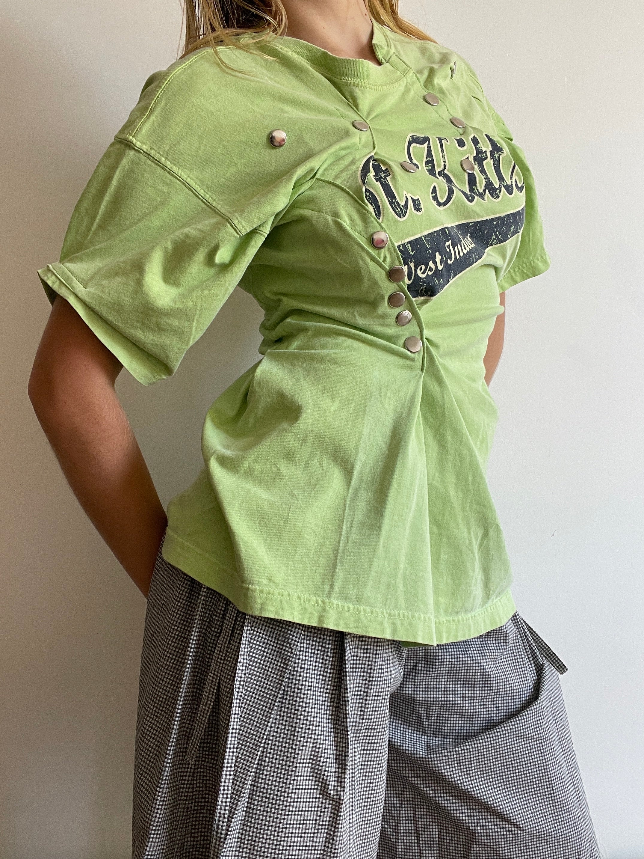 reworked gathered graphic tee with stud details