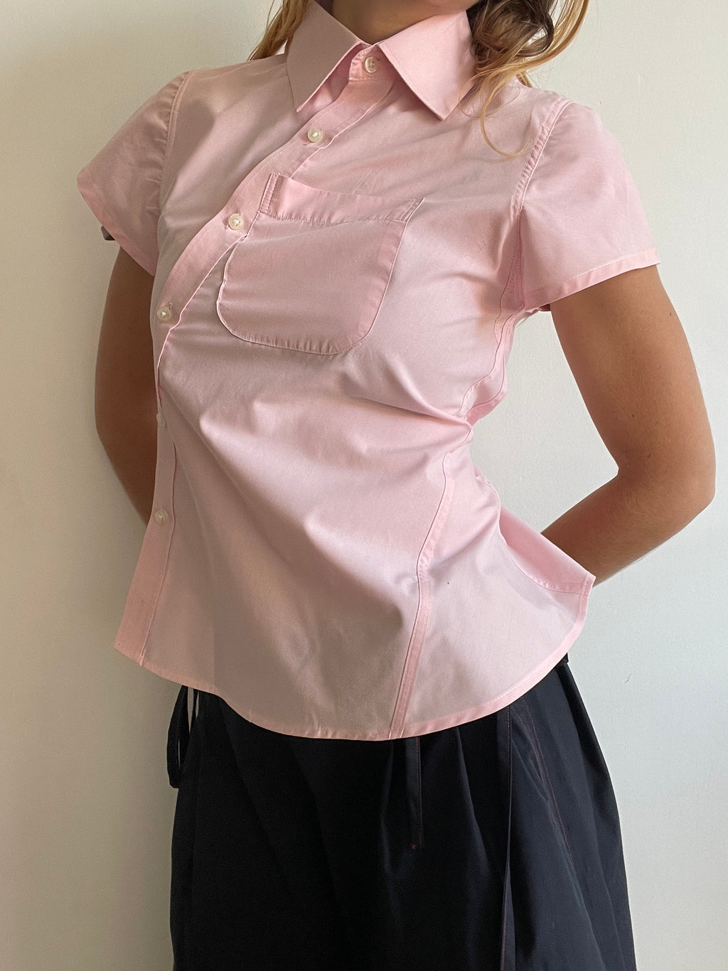 reworked tie back asymmetrical baby pink blouse