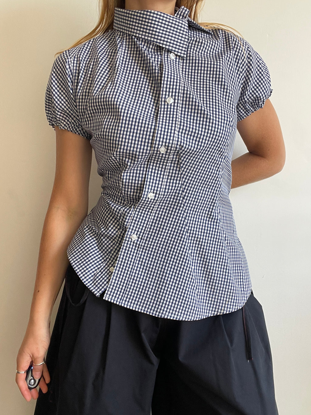 reworked asymetrical blue white gingham button up shirt