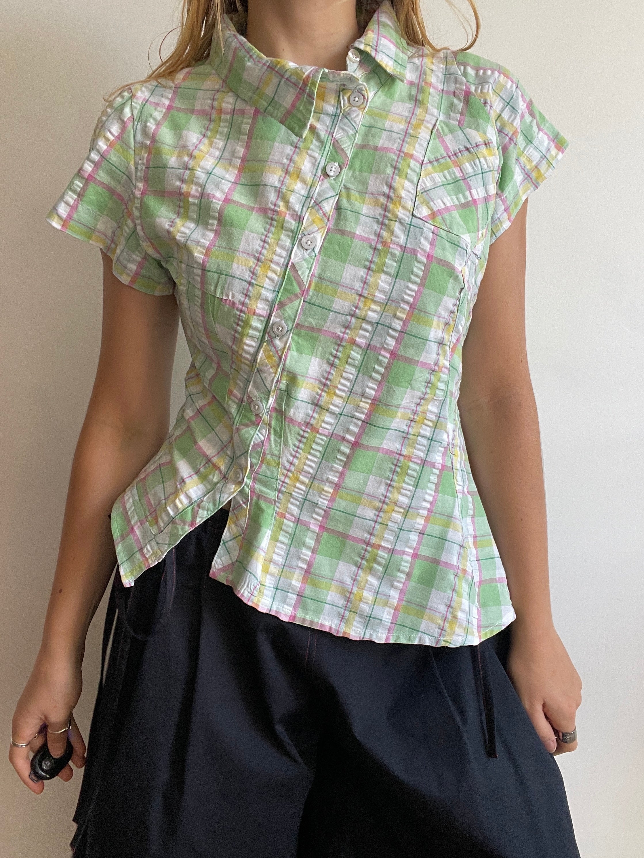 reworked seersucker tartan green pink fitted asymetrical shirt
