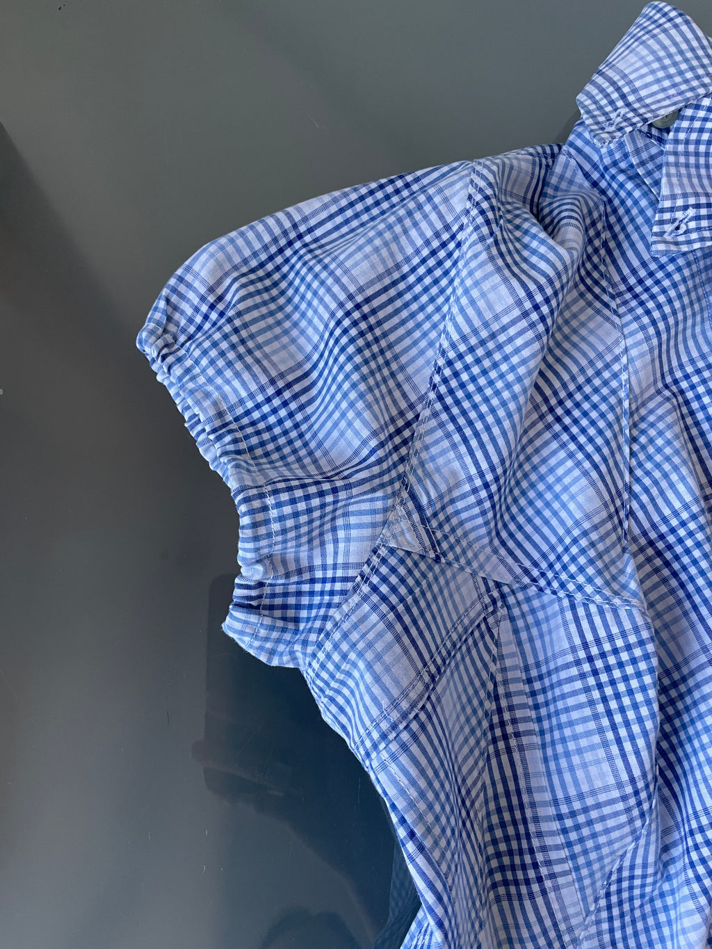 reworked blue check puff sleeve asymetrical shirt