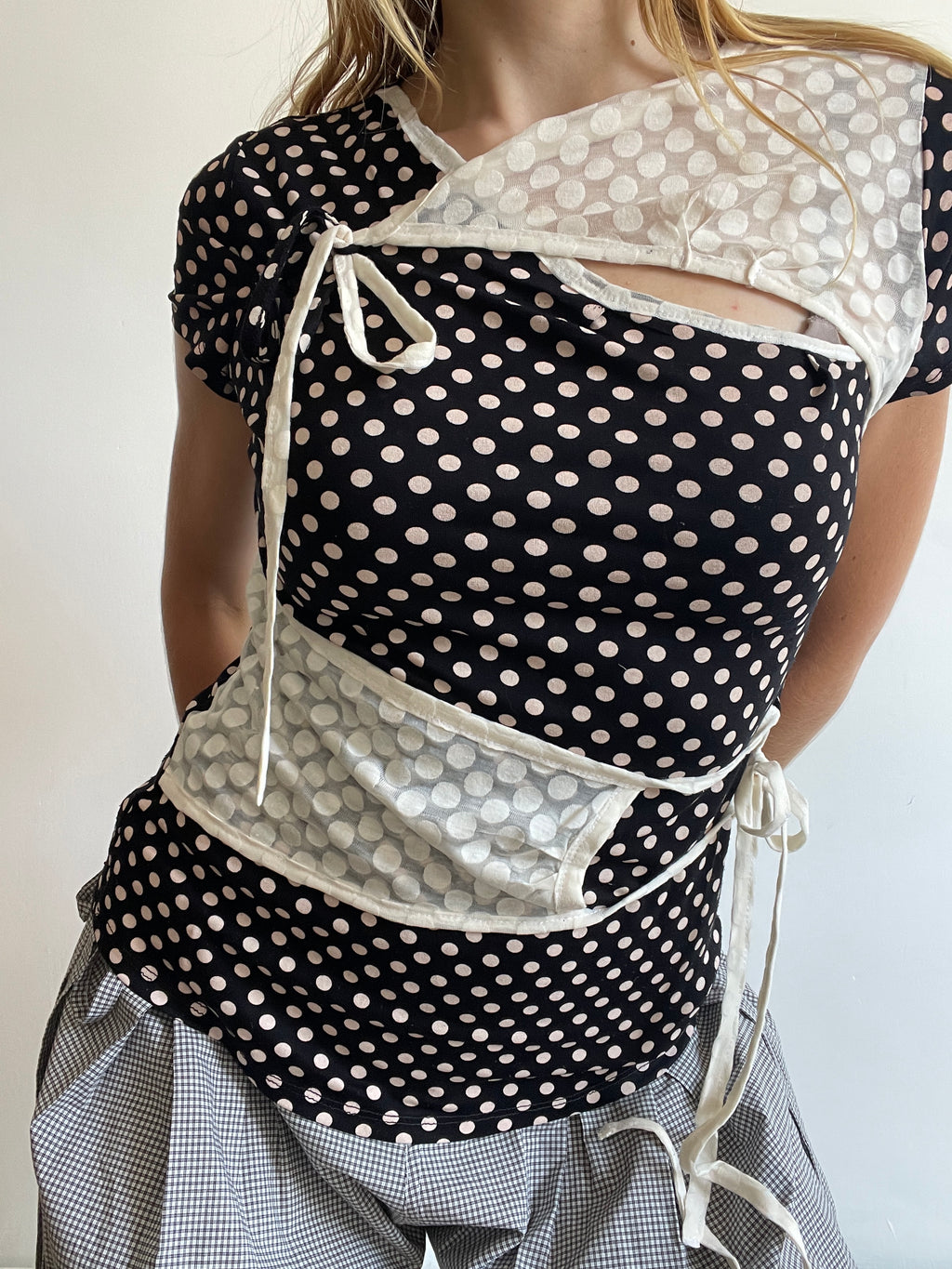 handmade ballet style tie up contrast polka monochrome t shirt