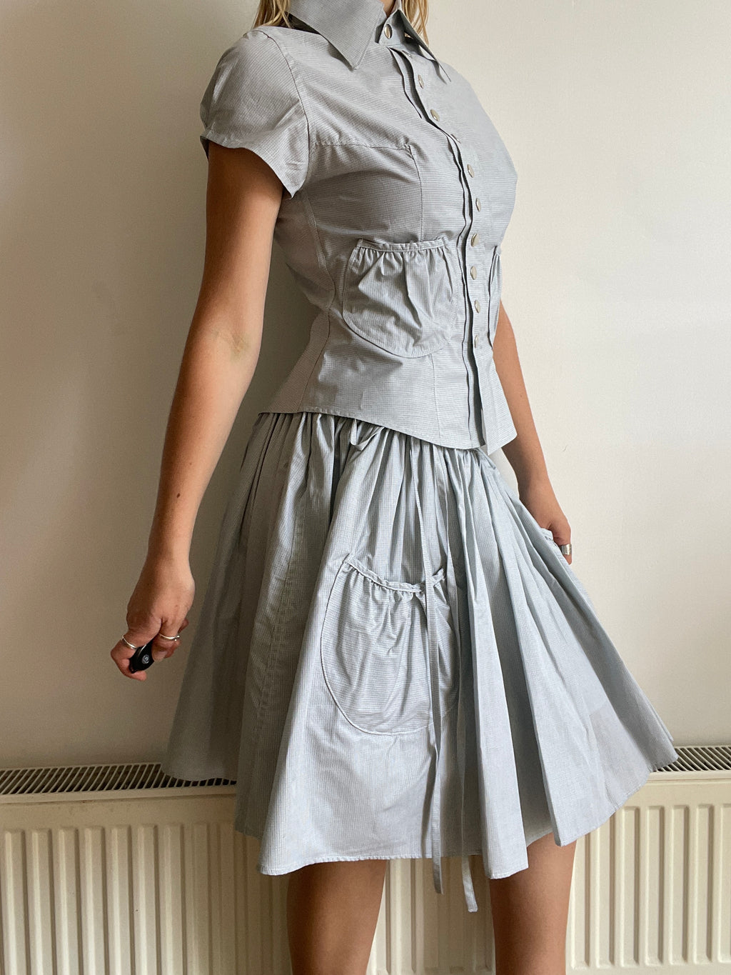 handmade matching set swishy asymmetrical skirt and pocket blouse