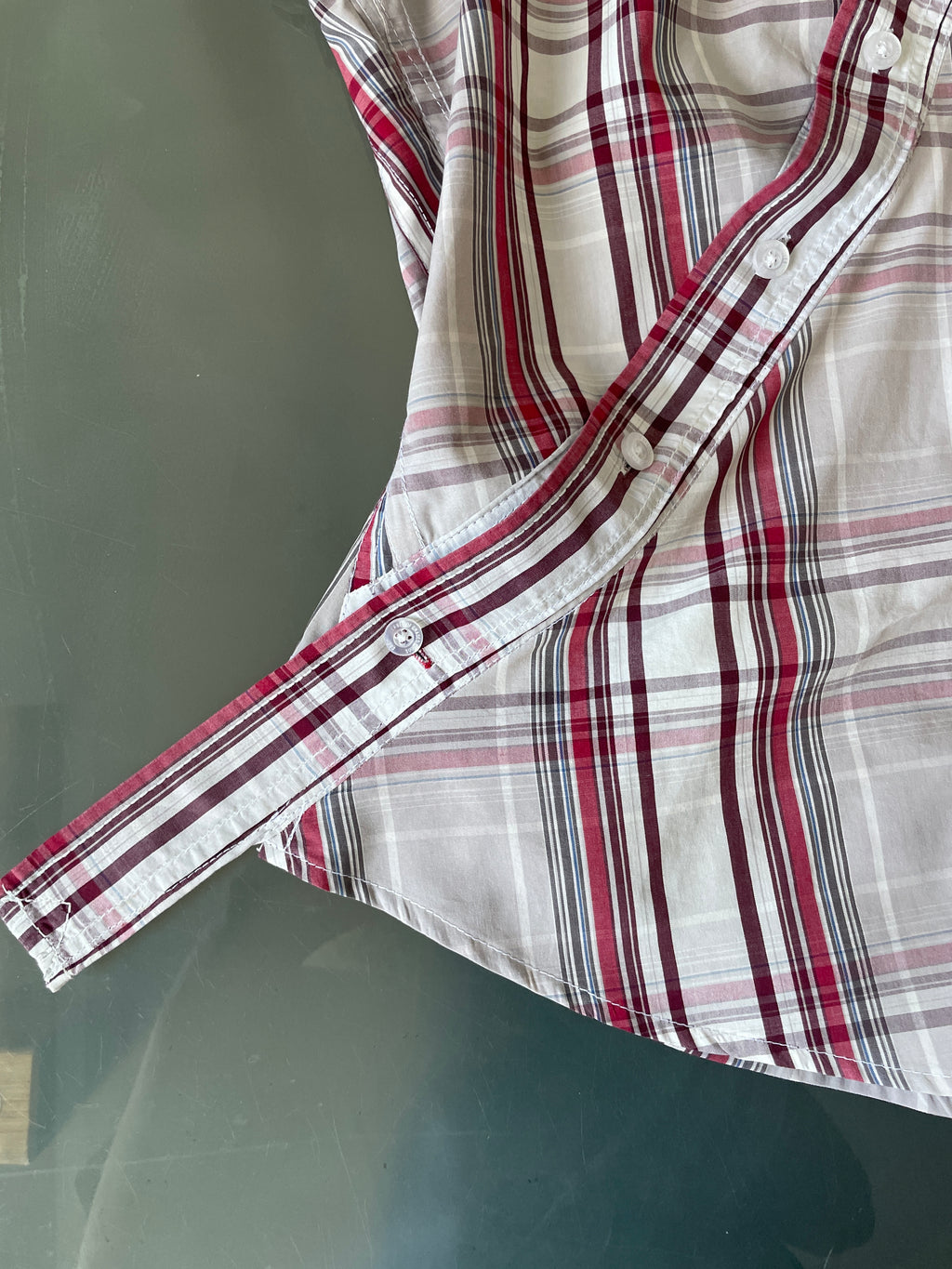 reworked asymetrical red beige checkered shirt