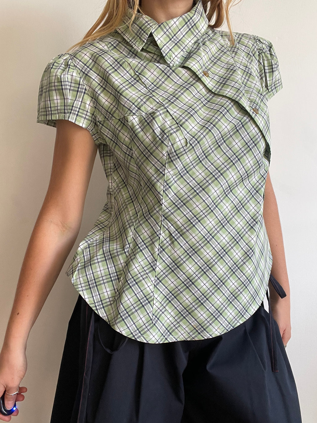 reworked green beige check puffed sleeve fitted blouse