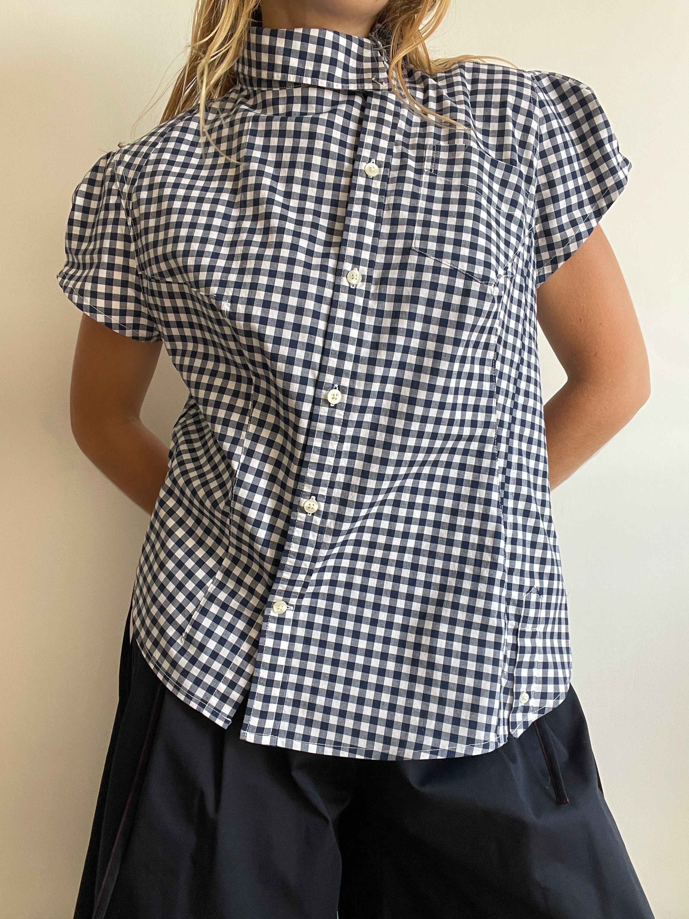 reworked asymetrical blue gingham fitted shirt