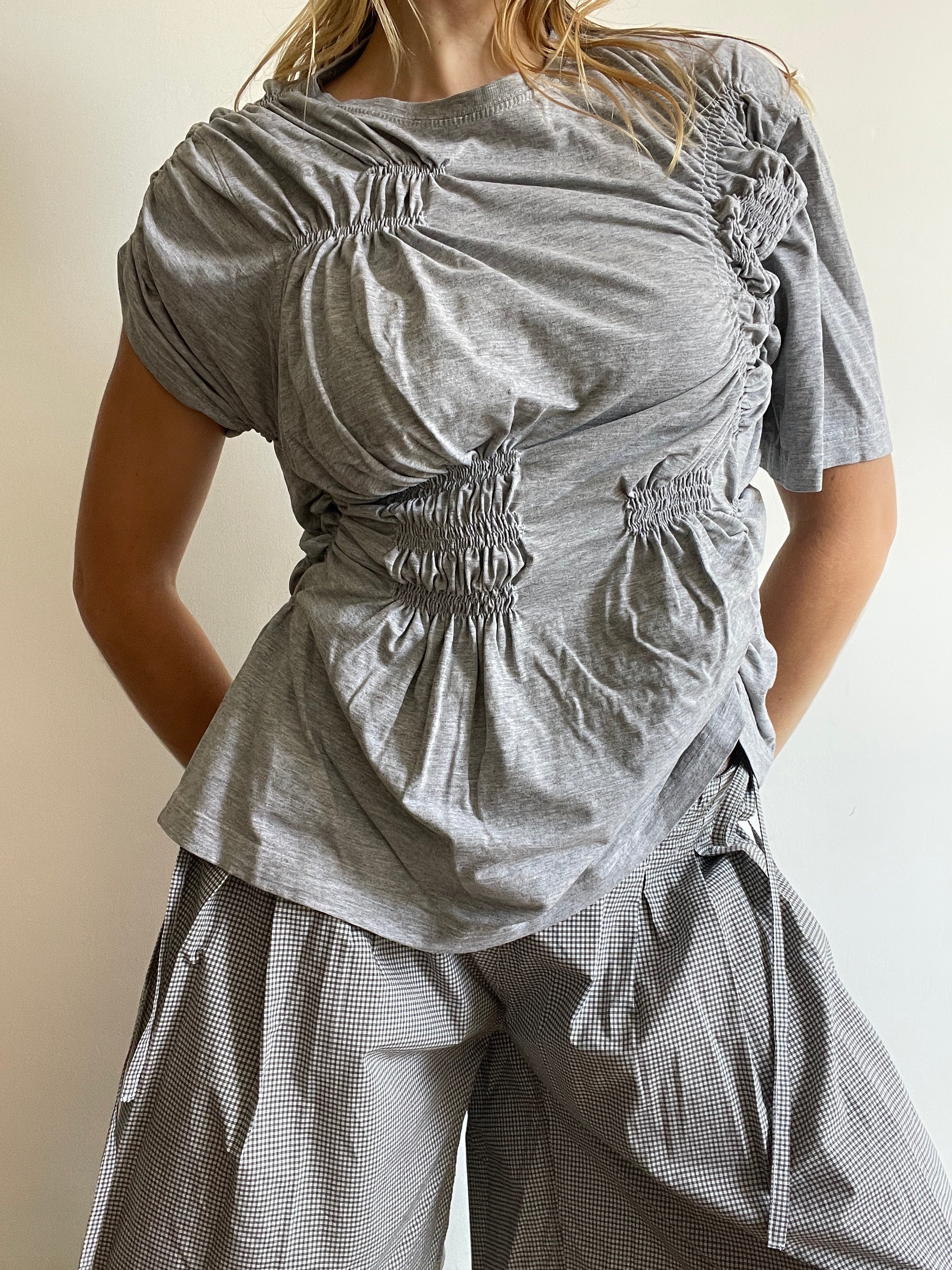 reworked grey tee with ruched slinky gathered details