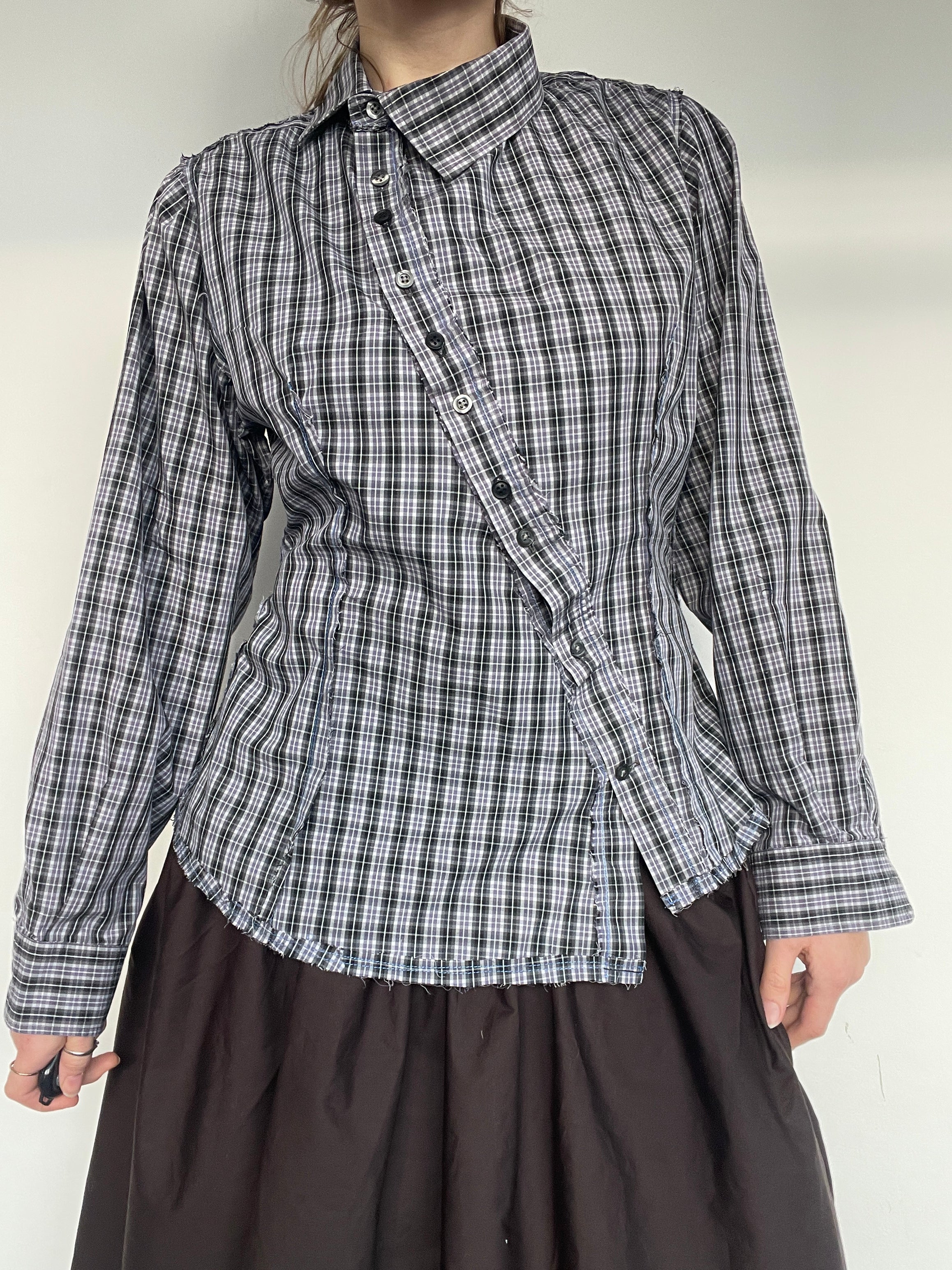 lilac reworked asymetrical checkered button up long sleeve shirt