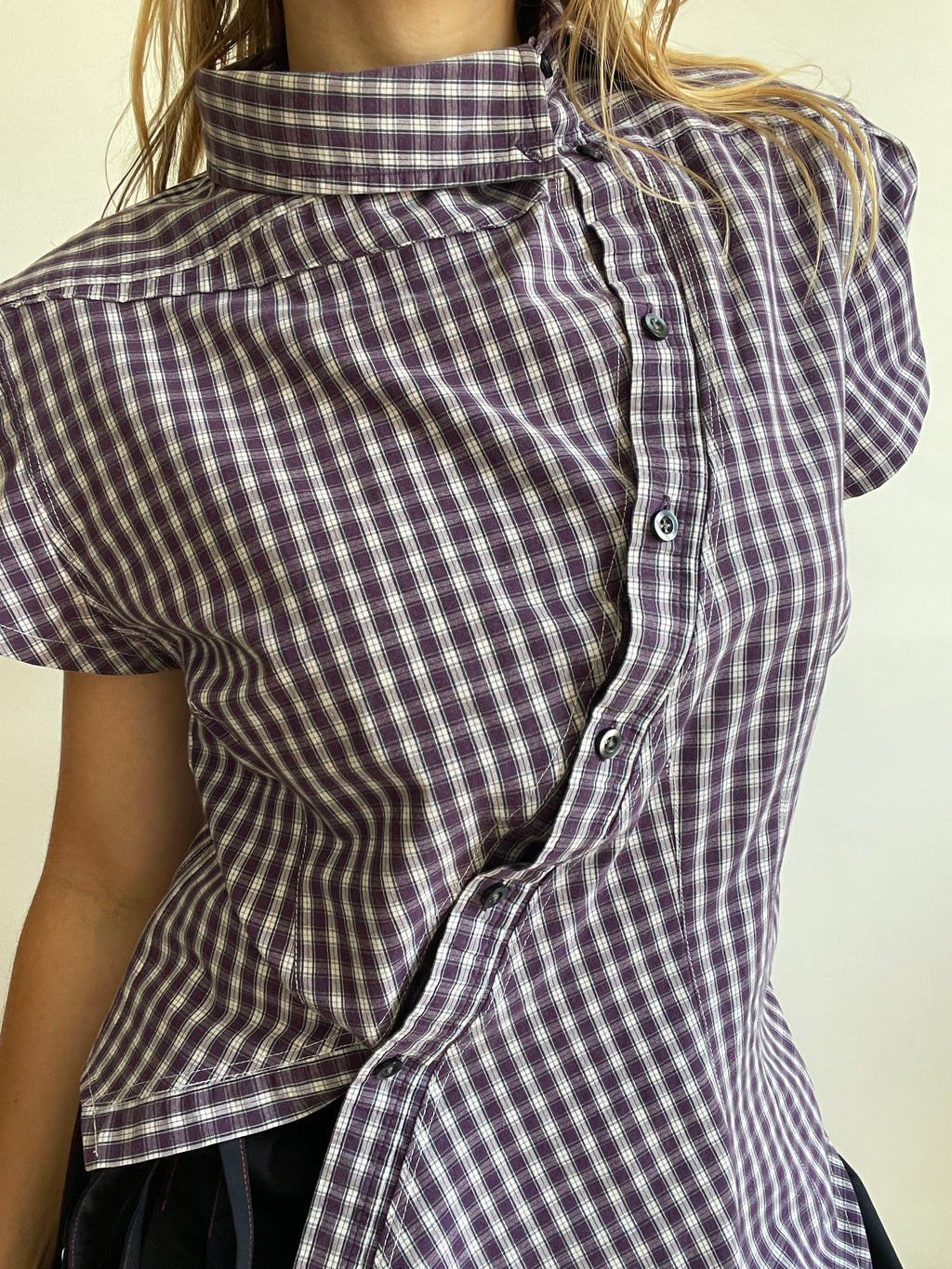 reworked asymetrical purple check shirt