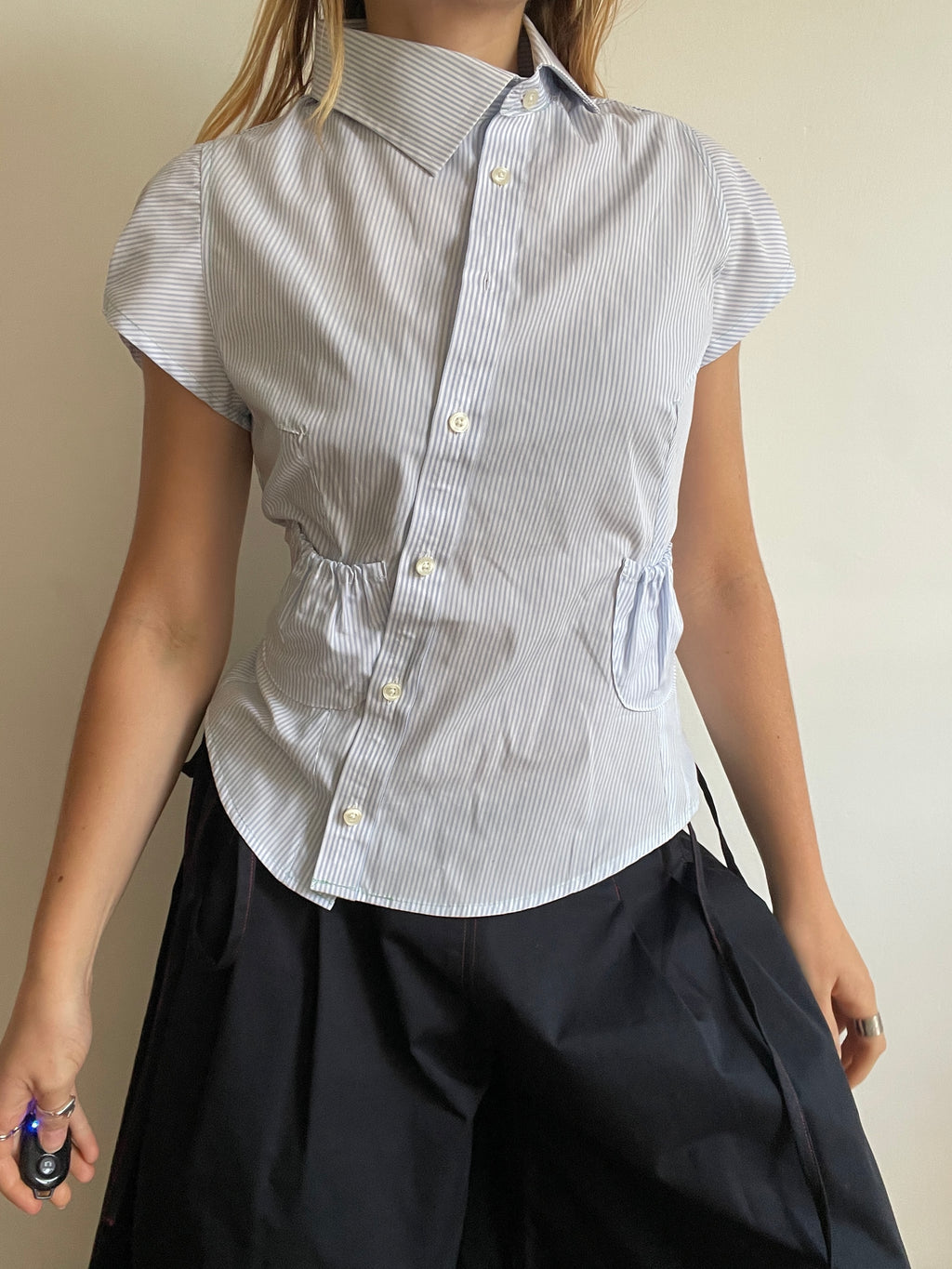 reworked asymetrical baby blue pinstripe pocket collar shirt
