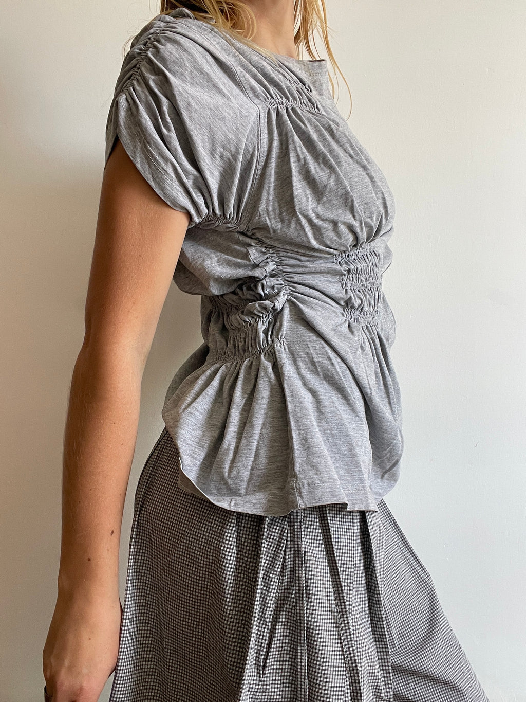 reworked grey tee with ruched slinky gathered details