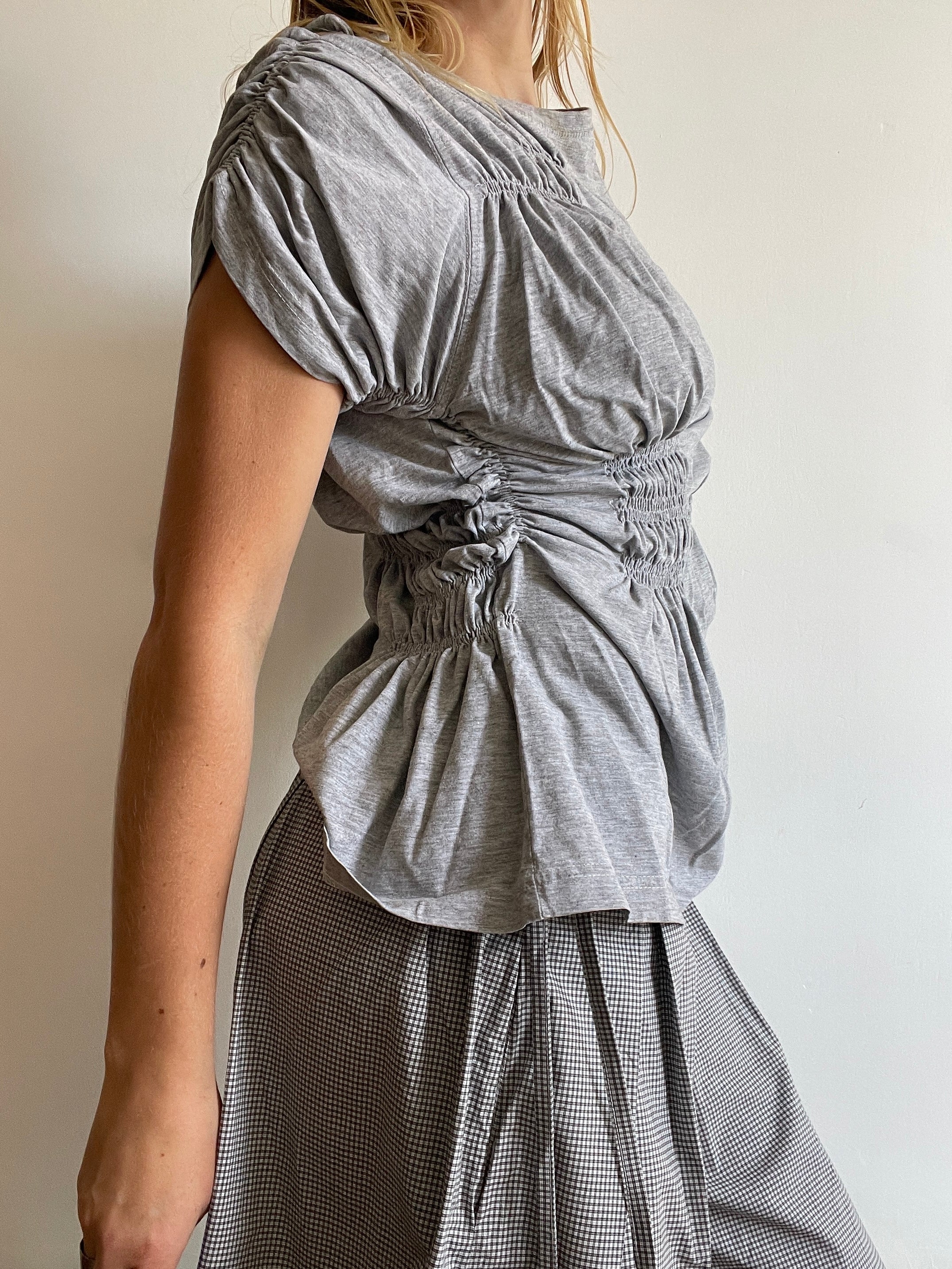 reworked grey tee with ruched slinky gathered details