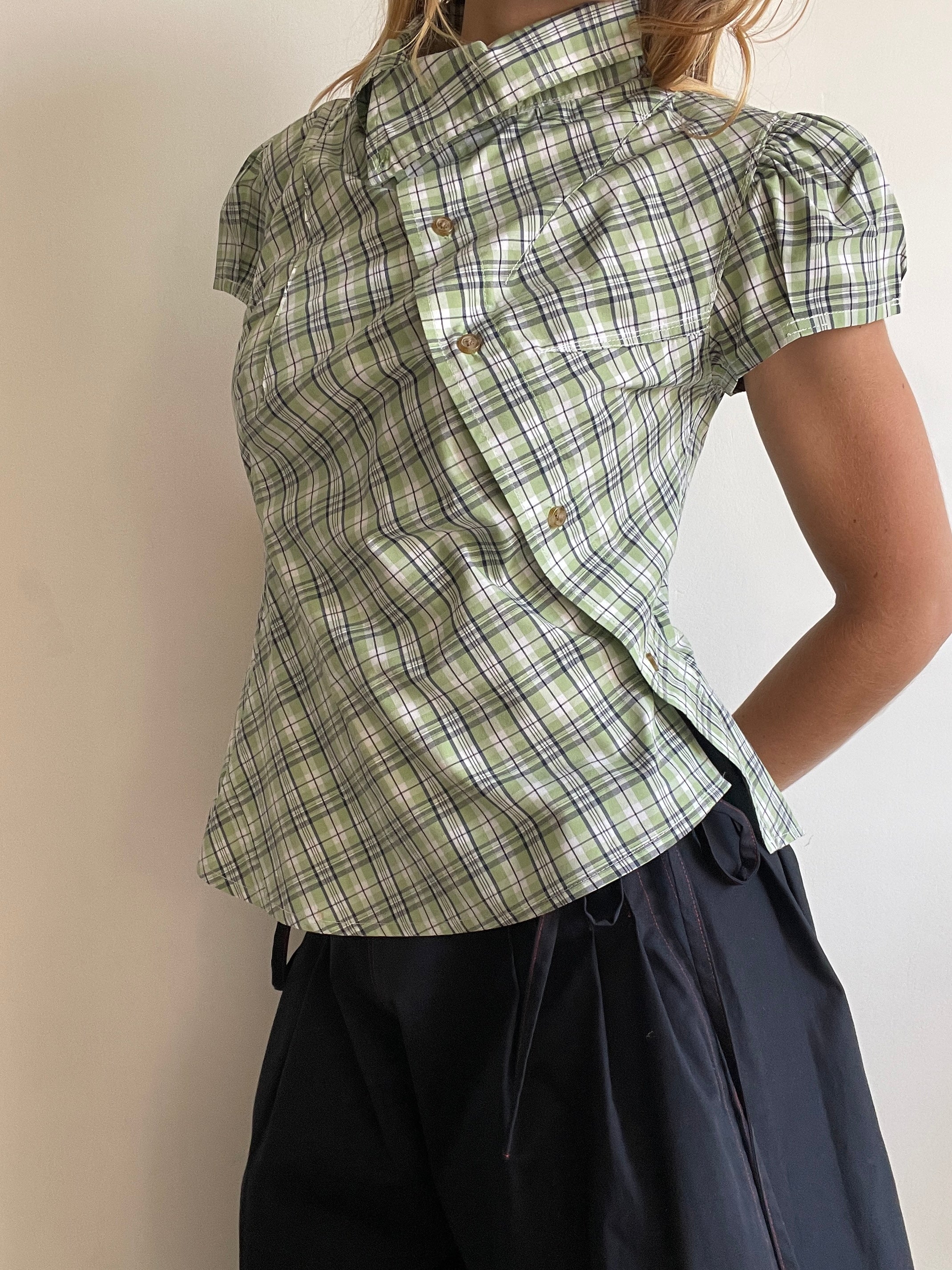 reworked green beige check puffed sleeve fitted blouse