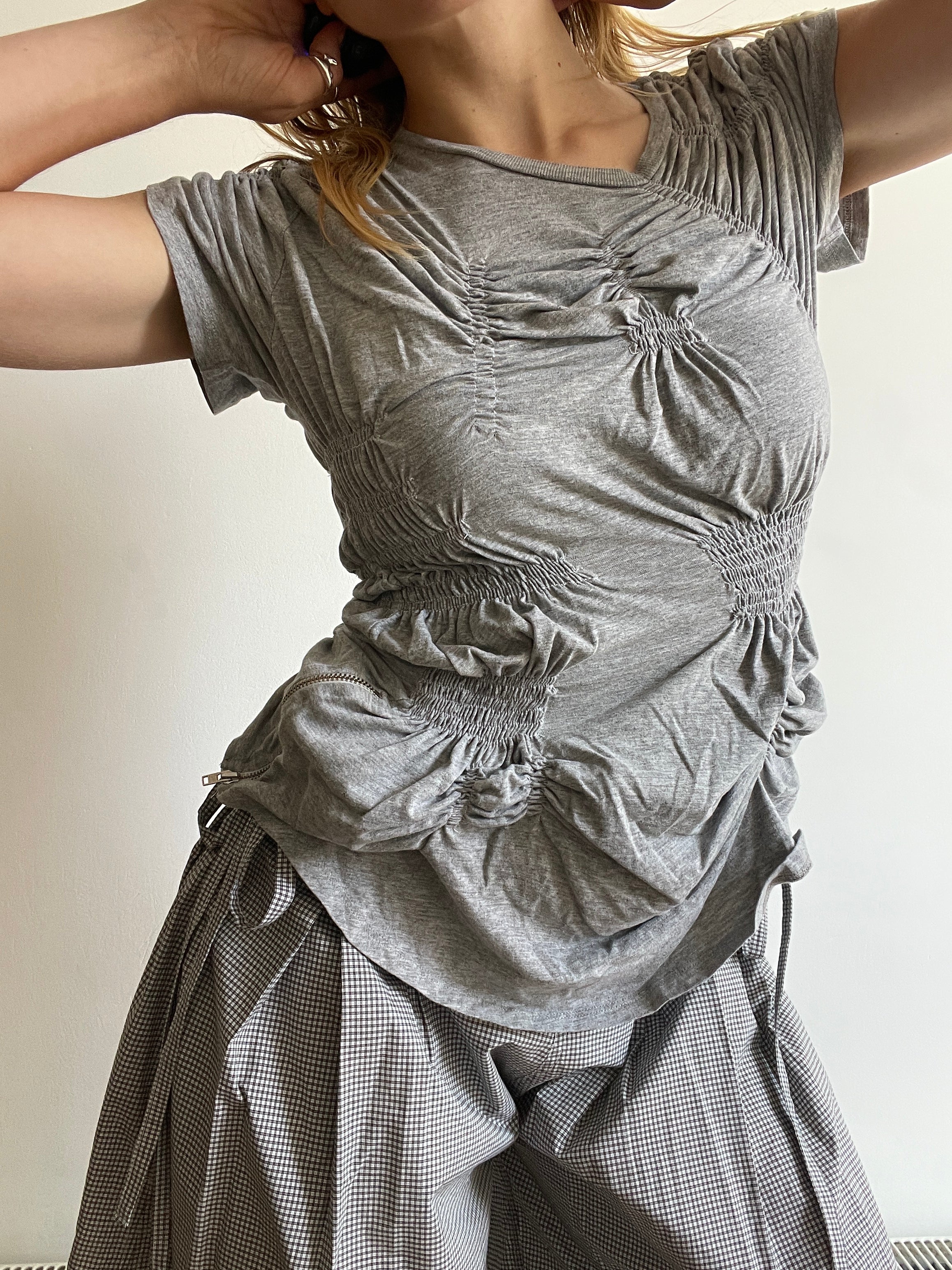 grey reworked elasticated ruched slinky t shirt