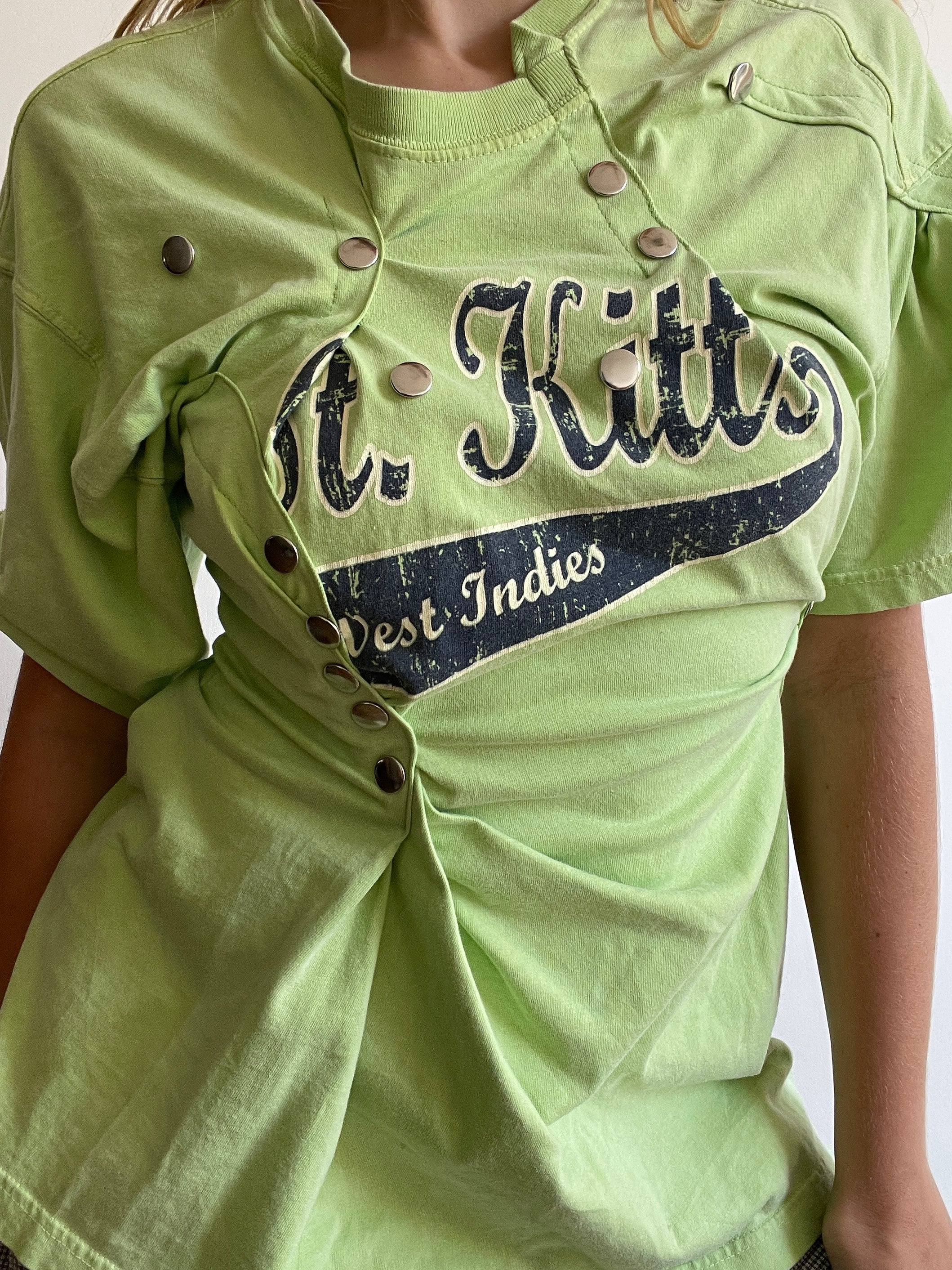 reworked gathered graphic tee with stud details