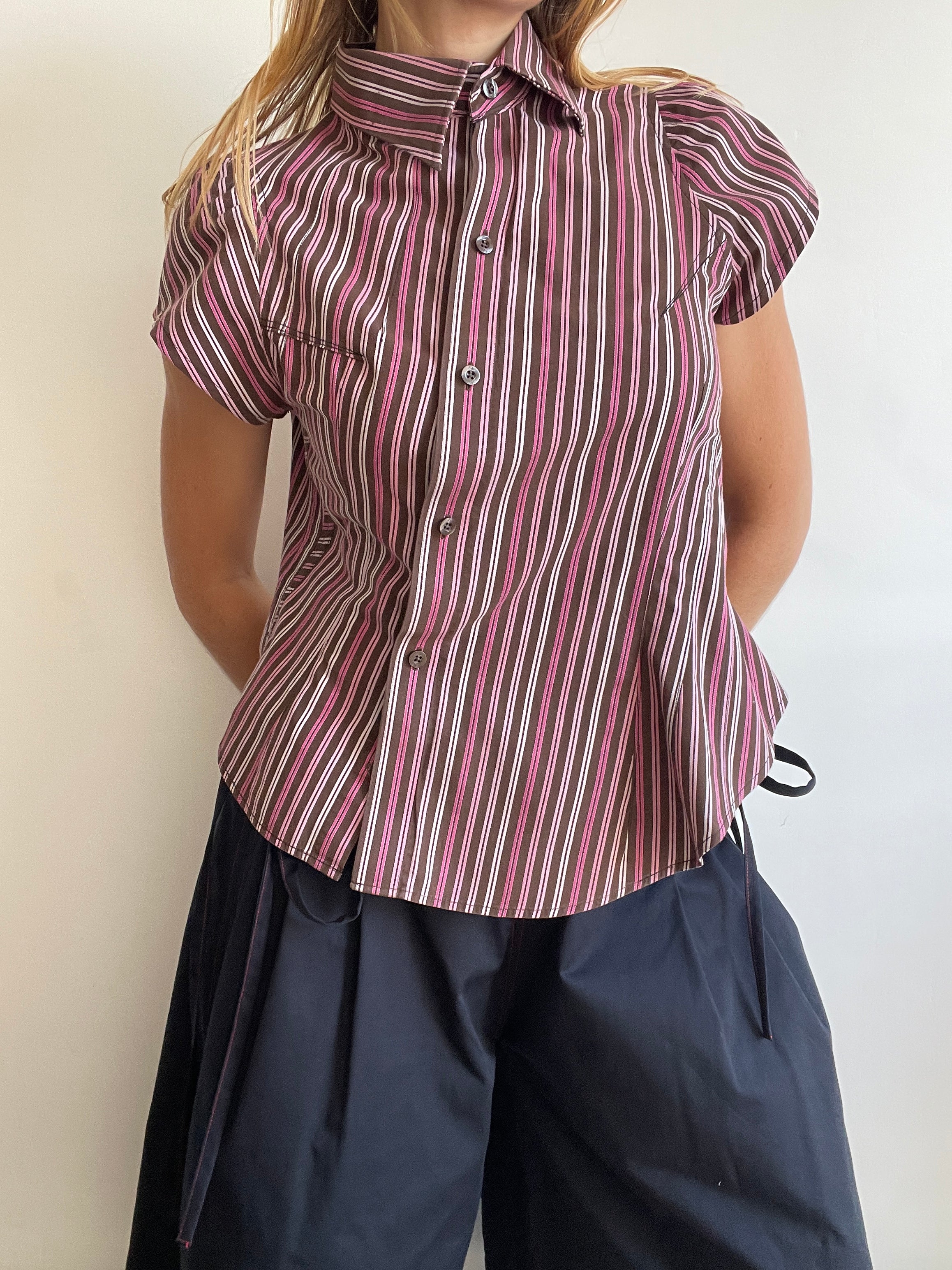 reworked asymetrical button up striped fitted shirt
