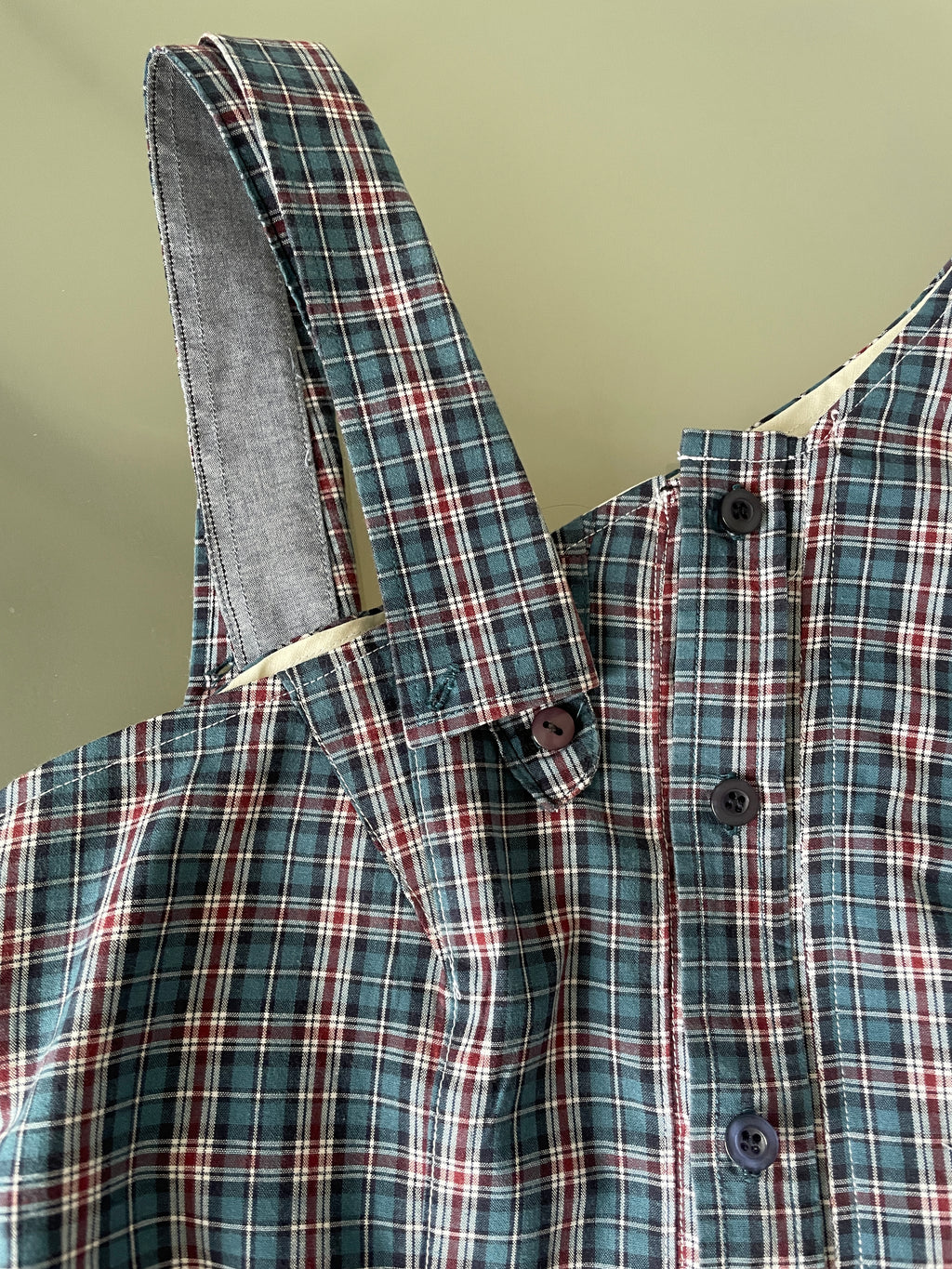 reworked one shoulder check button up tank with removable collar strap