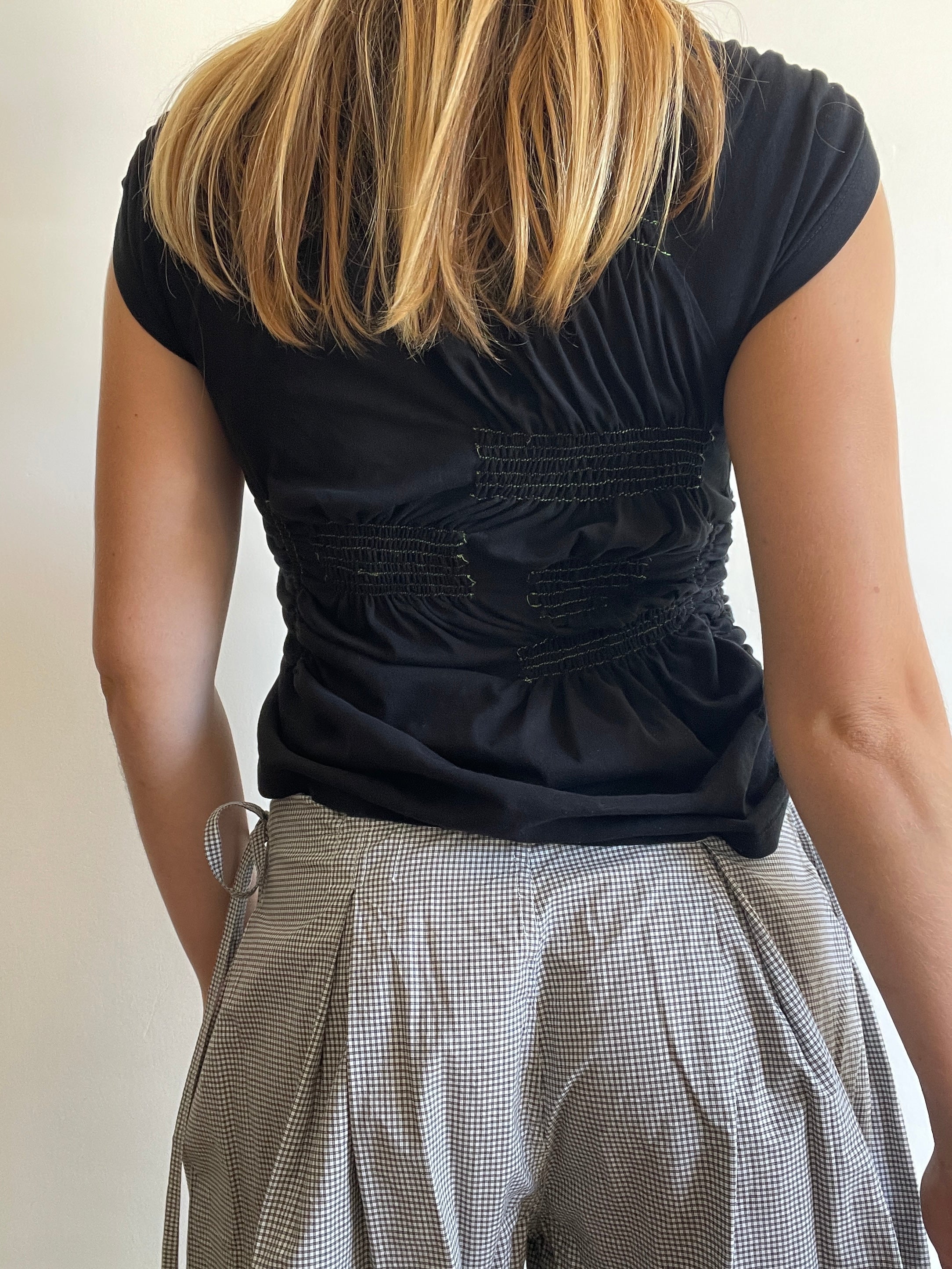 reworked black contrast stitch ruched slinky t shirt