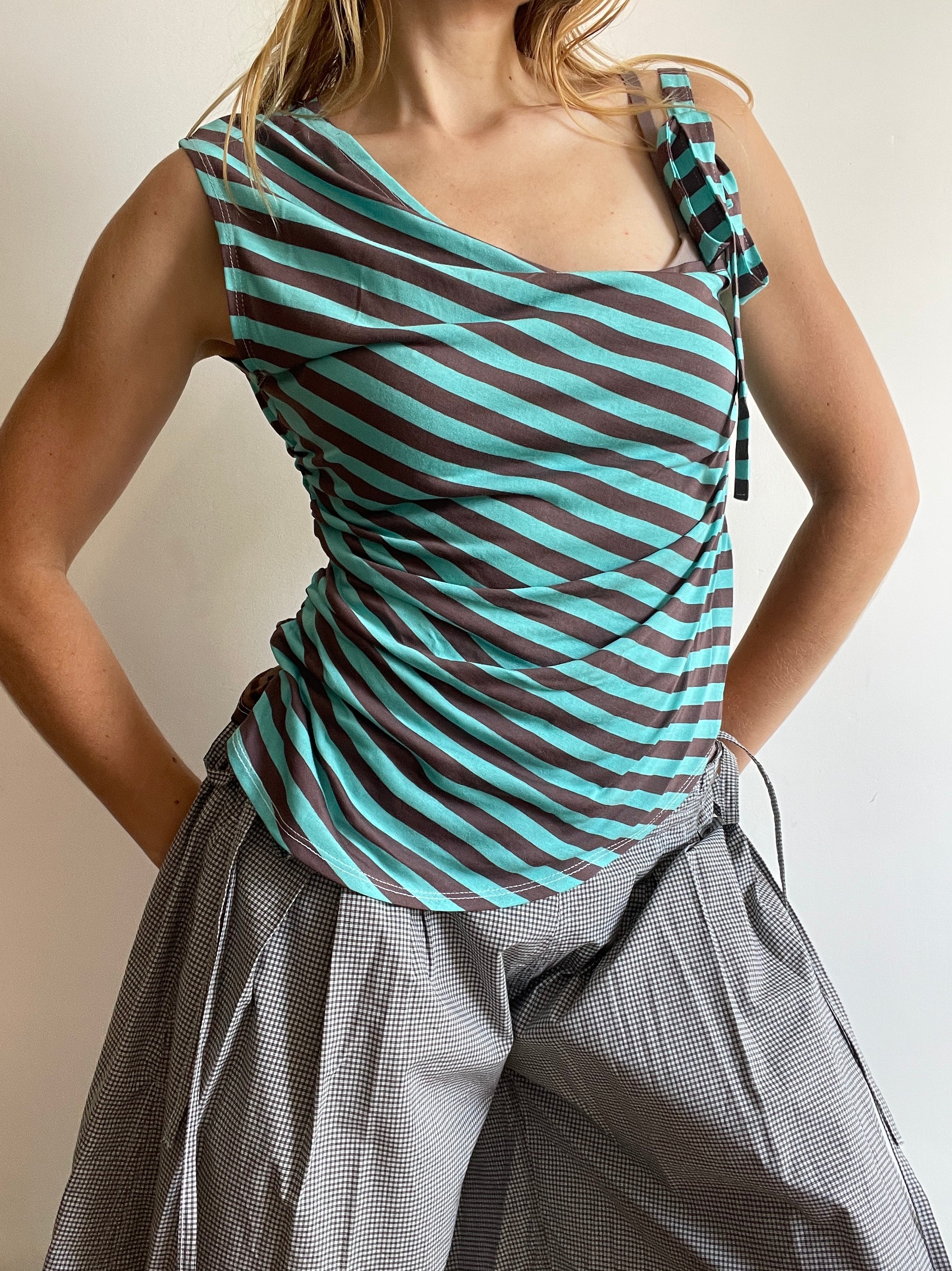 handmade mint brown stripe one shoulder tie top